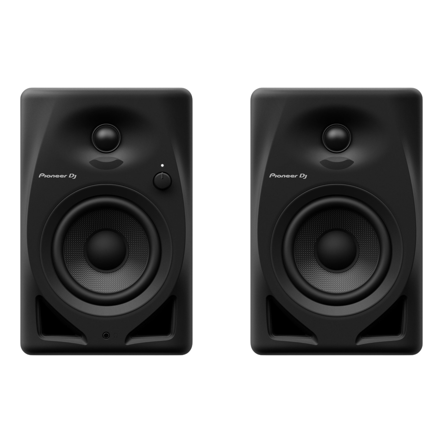 Due altoparlanti Pioneer DJ neri su sfondo nero. Ognuno ha un altoparlante e una manopola di controllo.