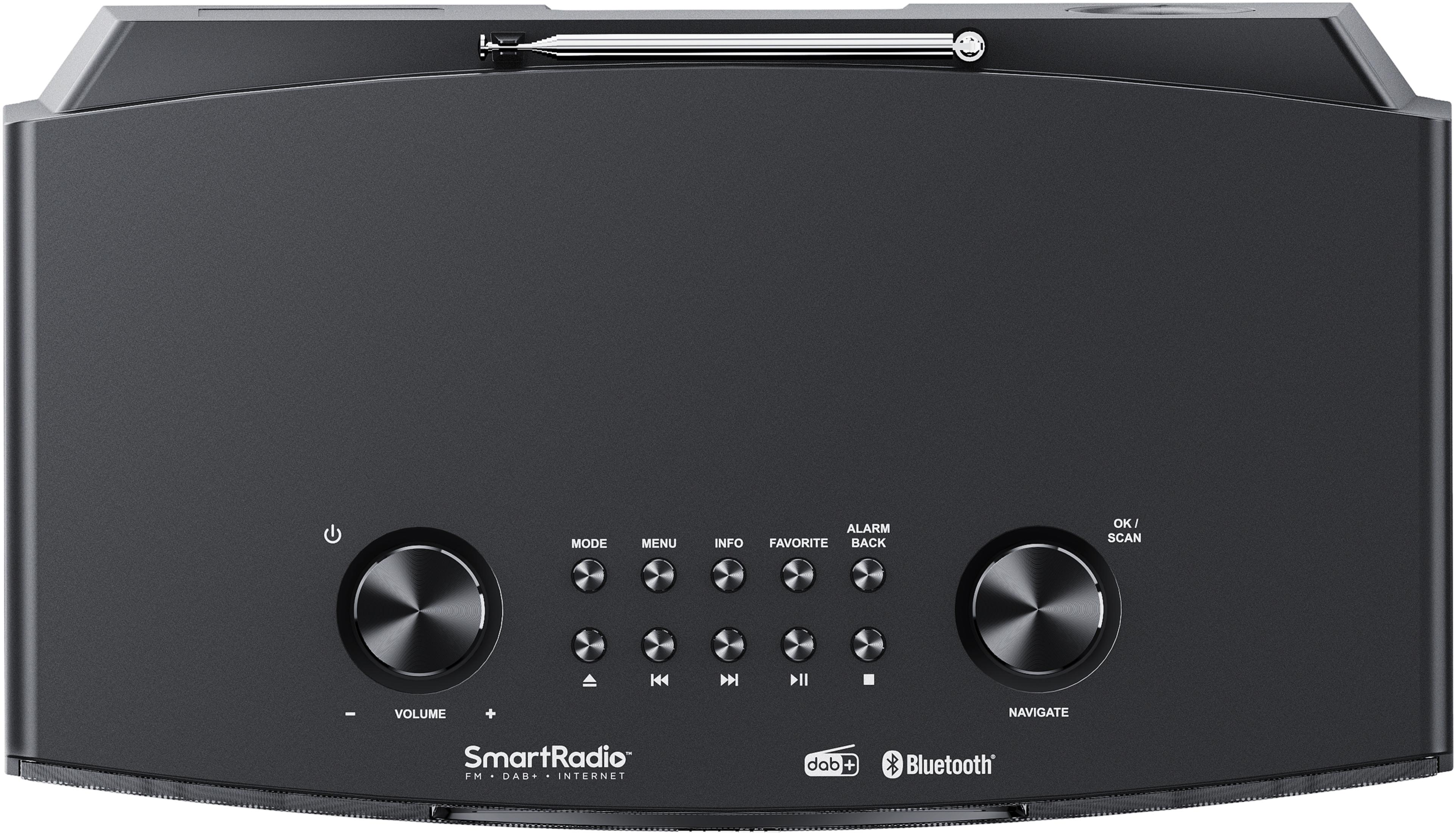 Een zwarte SmartRadio met knoppen voor volume, modus, menu, info, favoriet, alarm en navigatie.