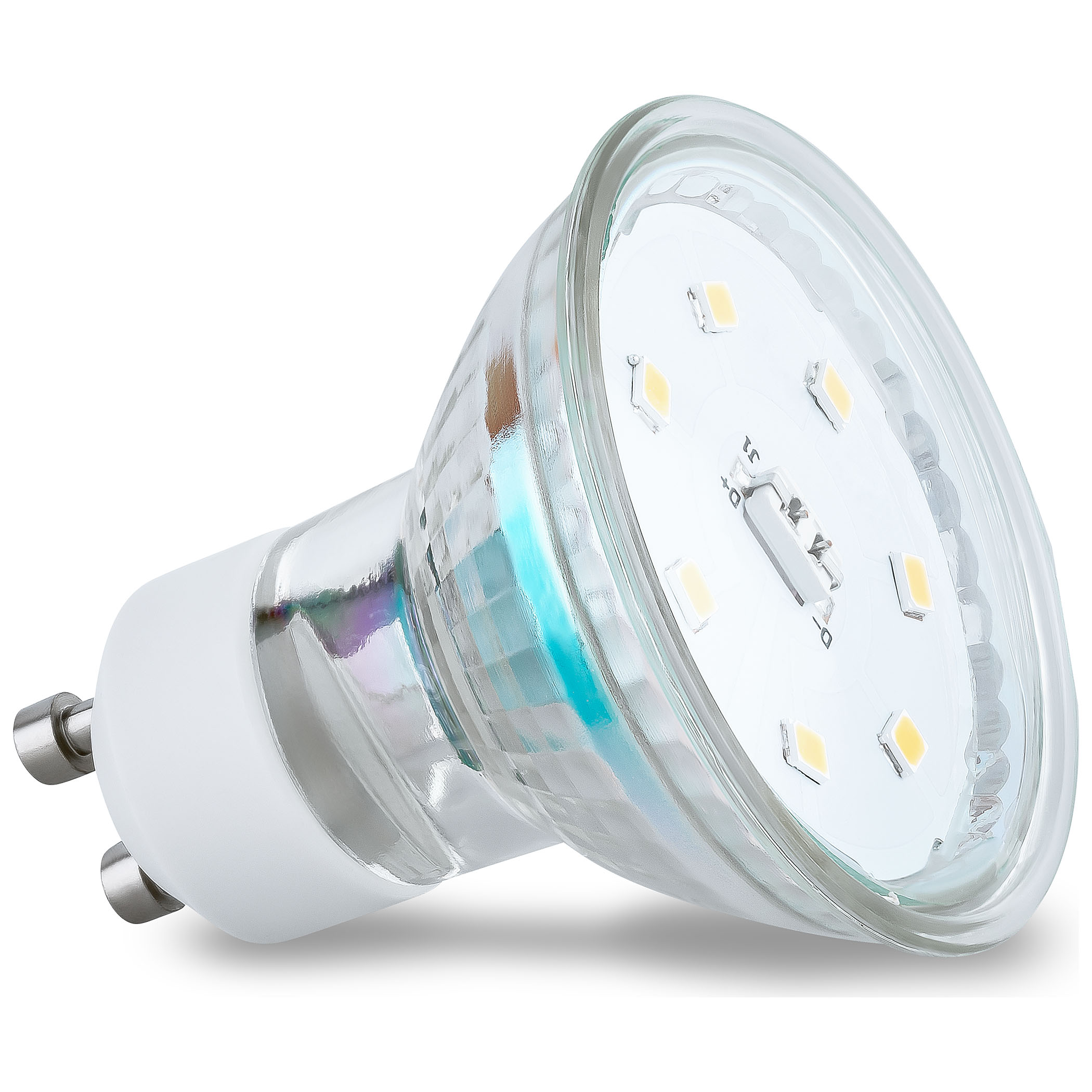 GU10 LED-Spot-Glühbirne, klares Glas, weißer Sockel, mit LED-Elementen.