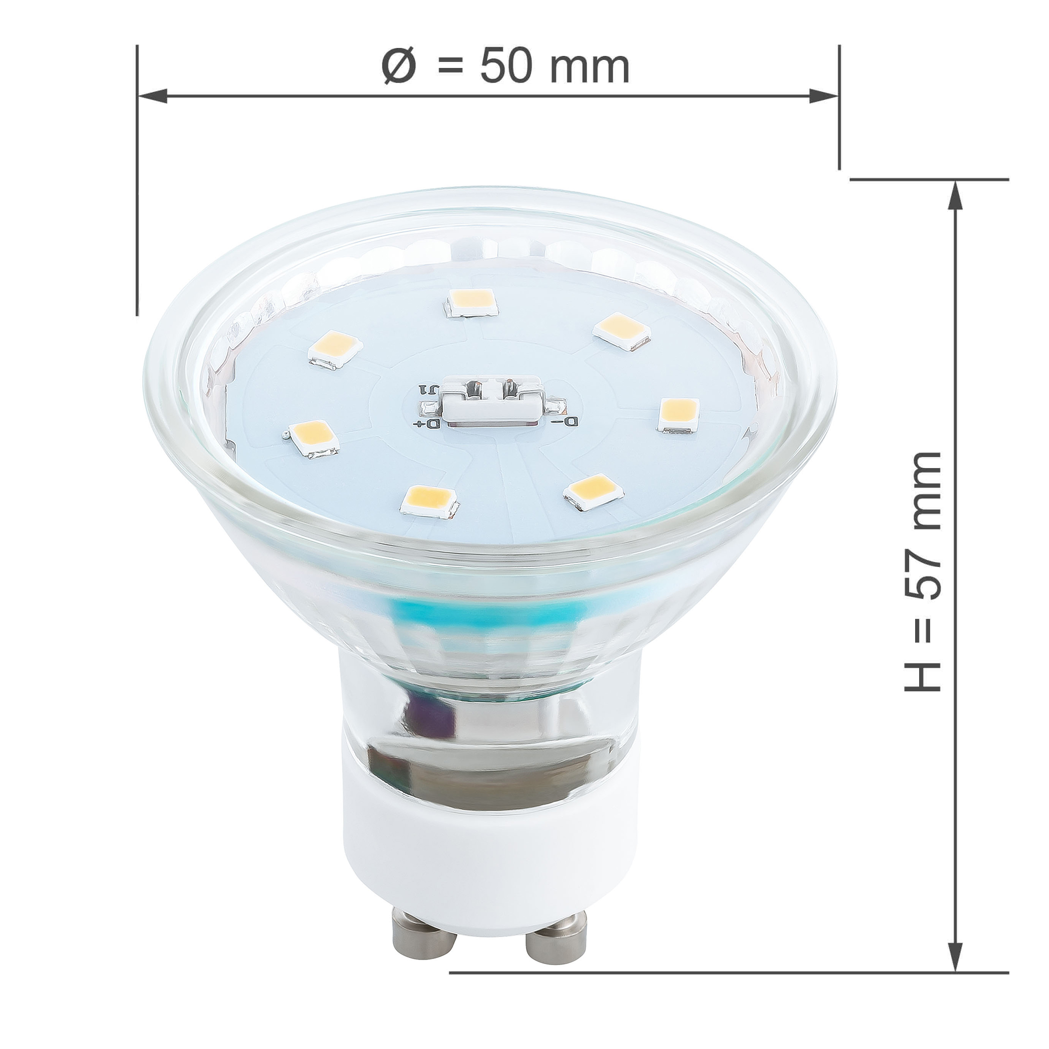 LED-Glühbirne mit Abmessungen, klarer Glasabdeckung und Messbeschriftungen.