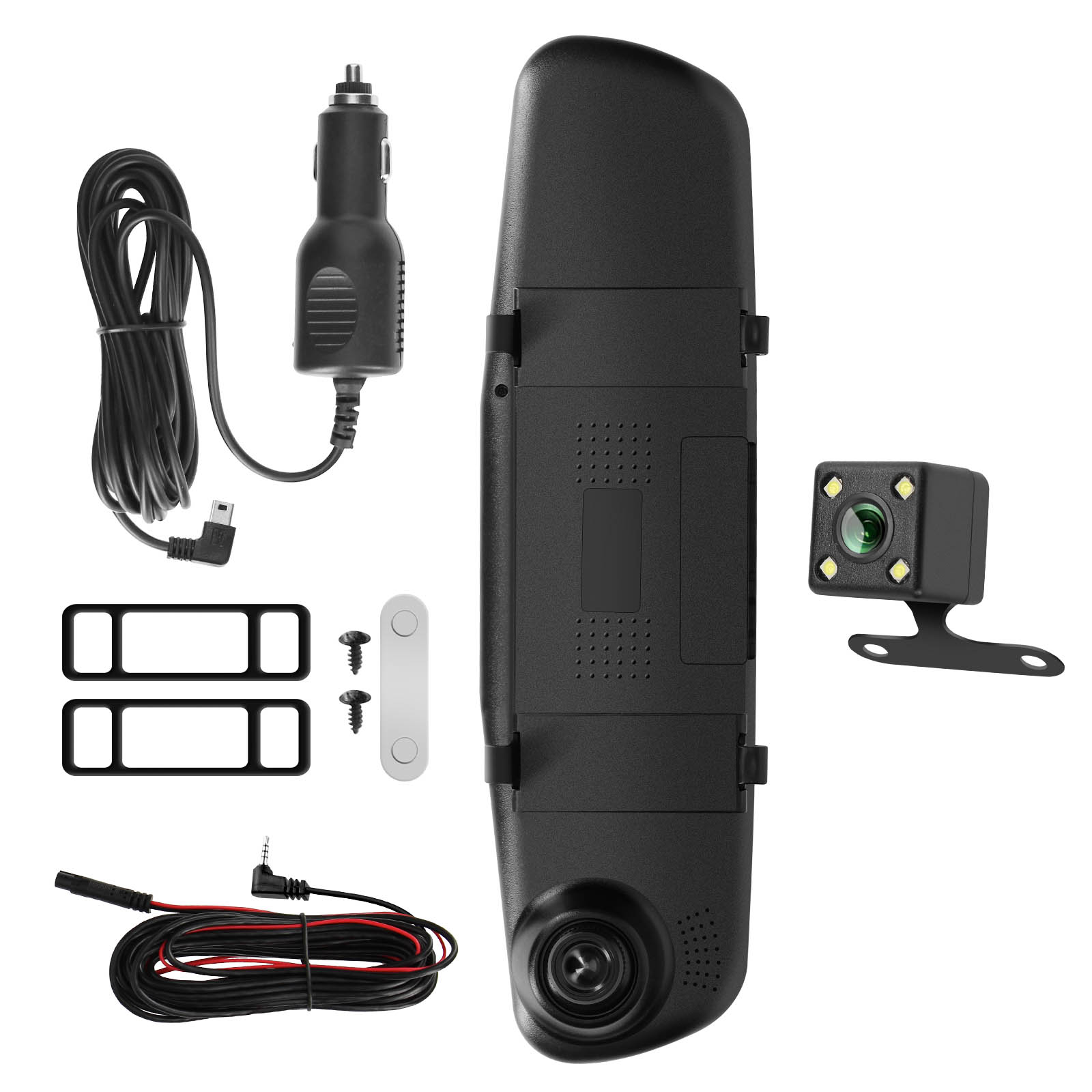 Schwarze Auto-Dashcam mit mehreren Zubehörteilen. Weißer Hintergrund.