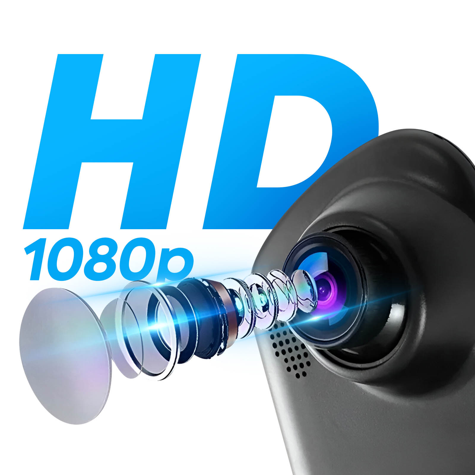 Nahaufnahme einer Kameralinse mit blauem "HD 1080p" Text, zeigt Linsenkomponenten und Lichteffekte.