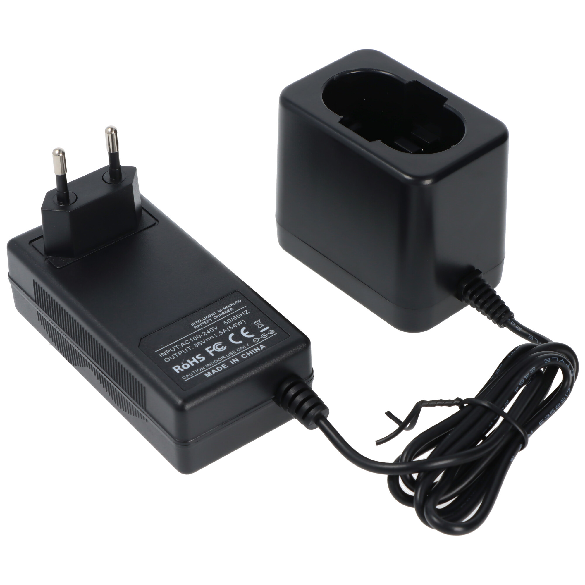 Schwarzes Ladegerät mit zwei Stiften und eine Ladestation mit schwarzem Kabel.