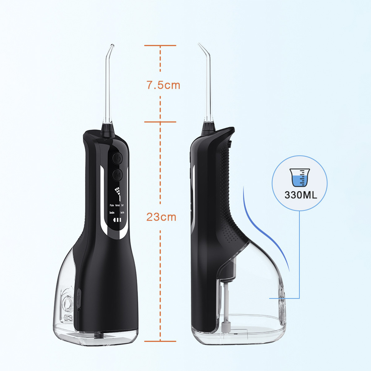 Schwarzer und klarer Wasser-Flosser, Seitenansicht und detaillierte Abmessungen auf Blau.