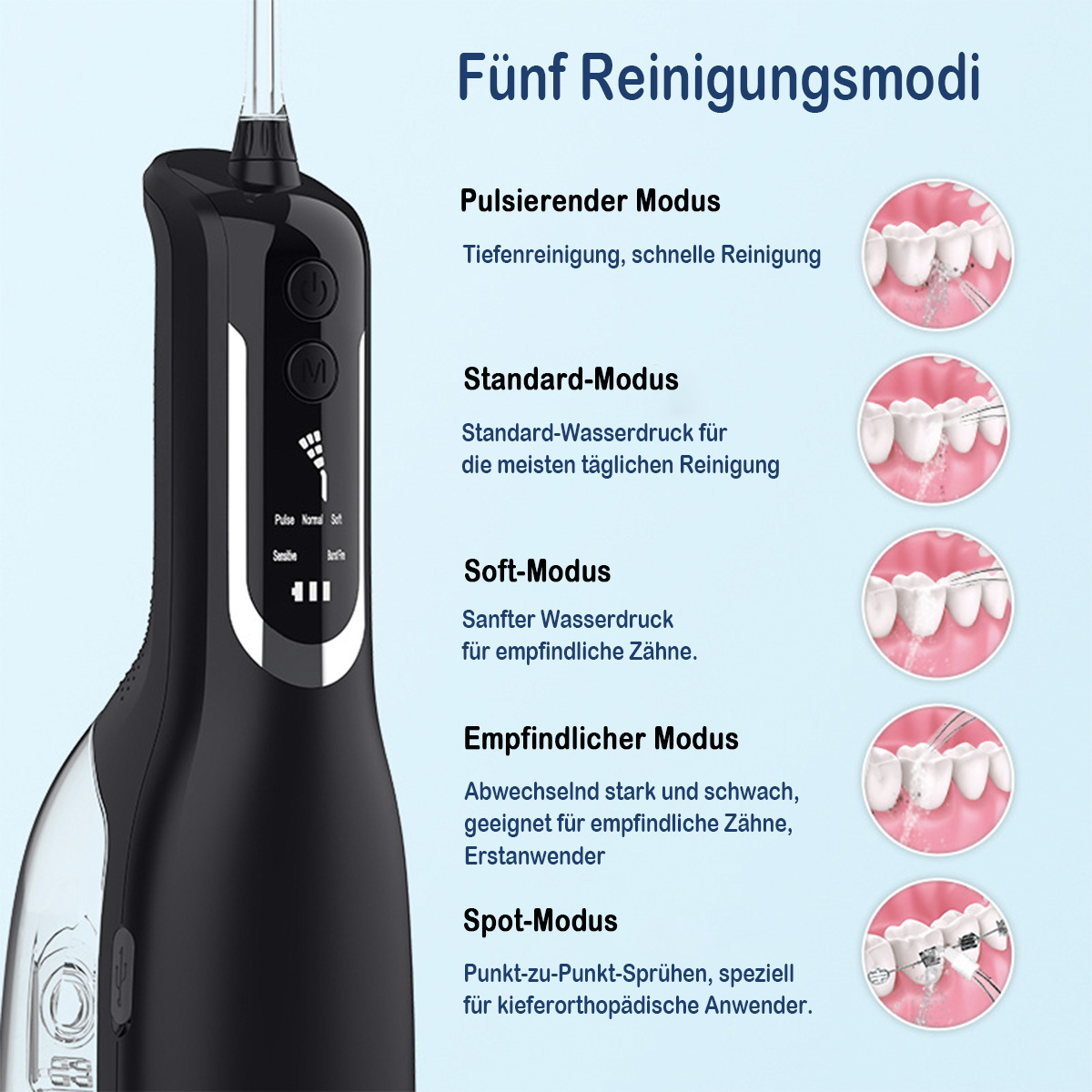 Schwarzer Munddusche mit Text und Diagrammen. Fünf Reinigungsmodi werden gezeigt.