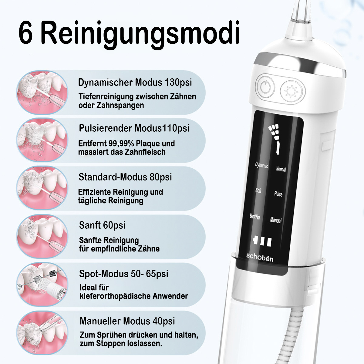Ein Gerät mit 6 Reinigungsmodi für Zähne, mit dem Wasserflosser gezeigt.