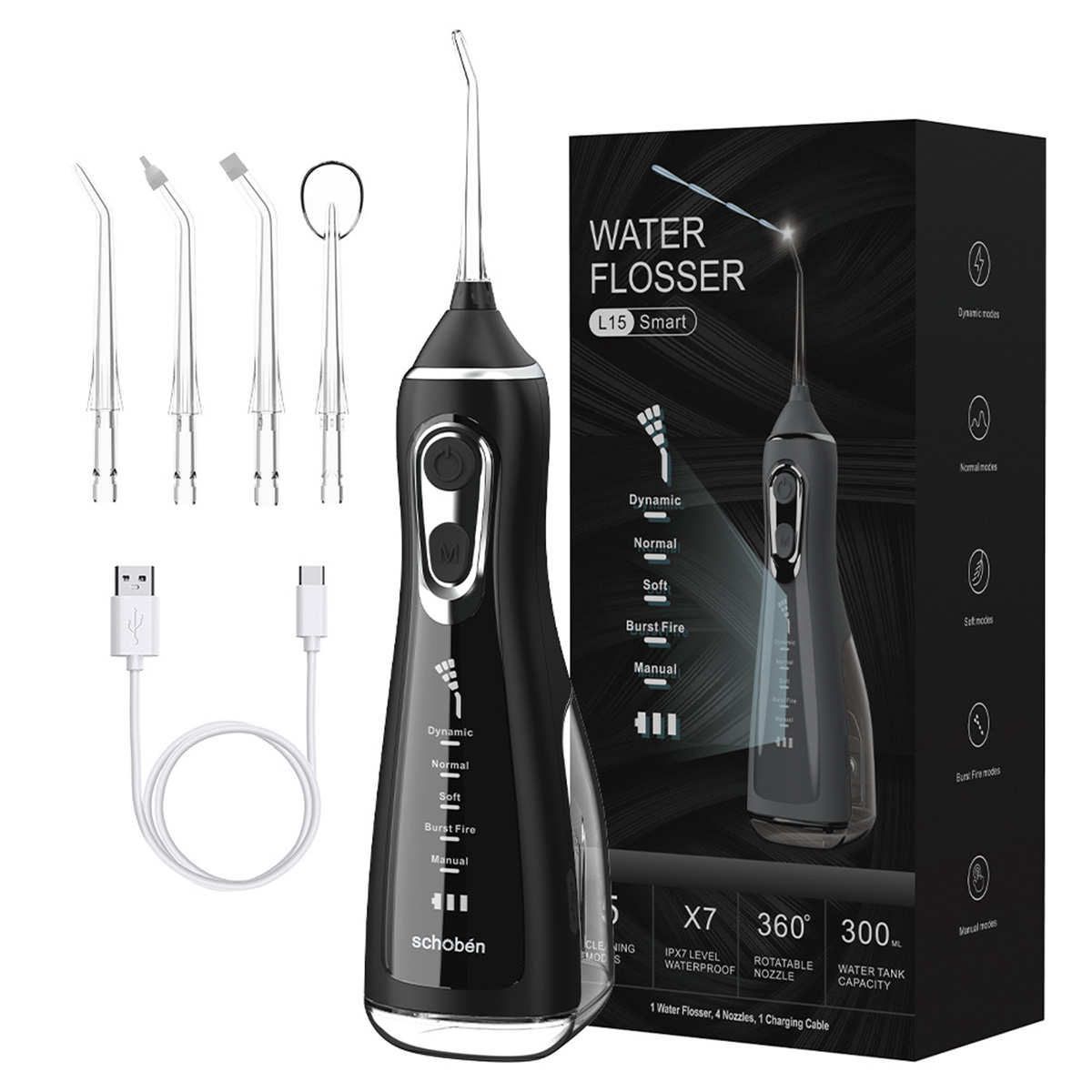 Schwarzer Wasserflosser mit Düsen, Ladekabel und Box mit Text und Illustration.