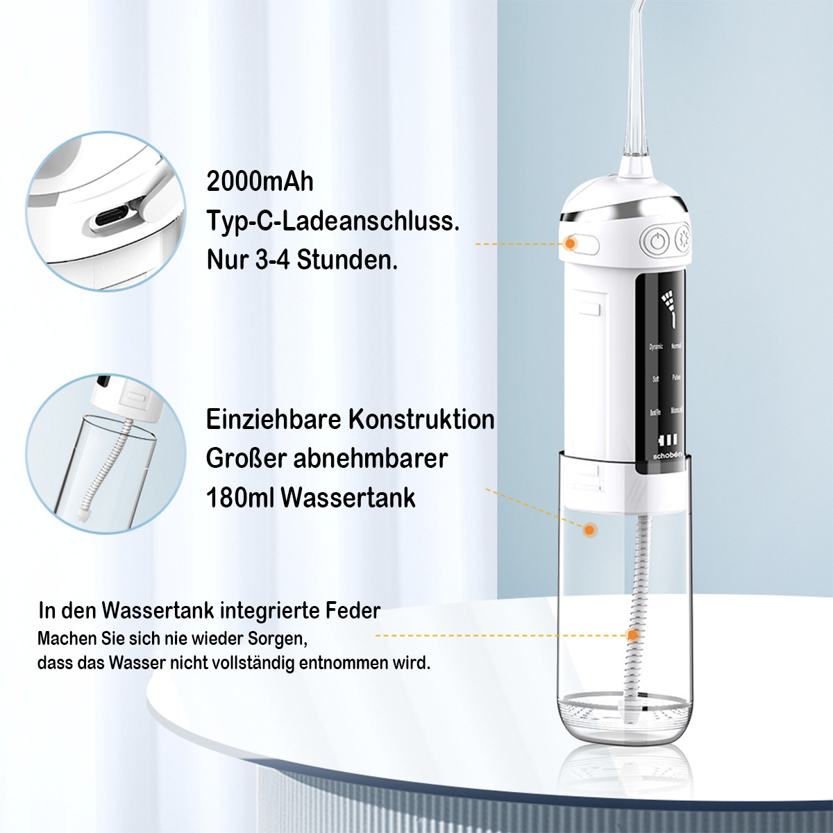 Ein weißer Munddusche mit Etiketten und Text sowie einem transparenten Wassertank.