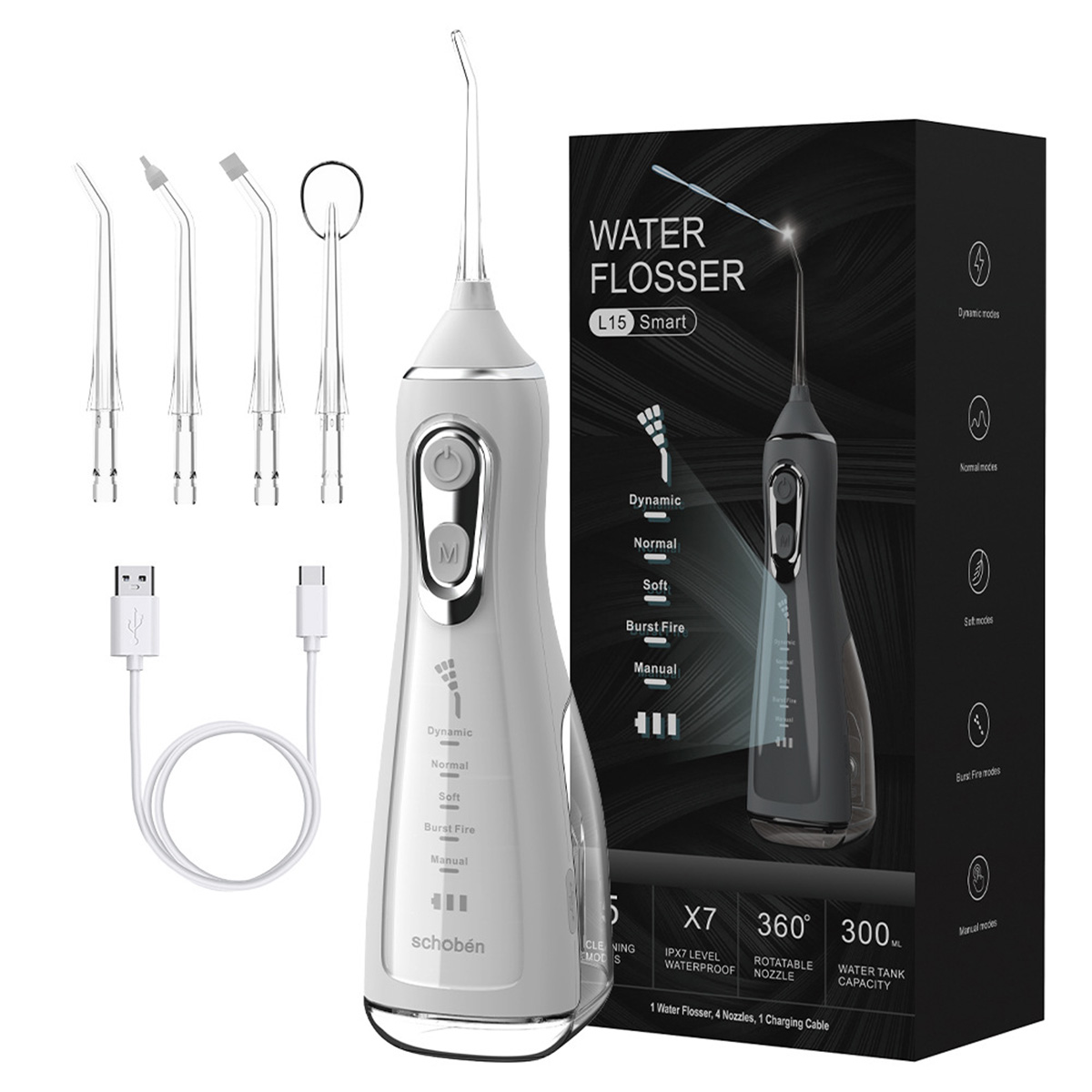 Weiß-grauer Wasserflosser mit zusätzlichen Flosserköpfen, Ladekabel und Verpackung.
