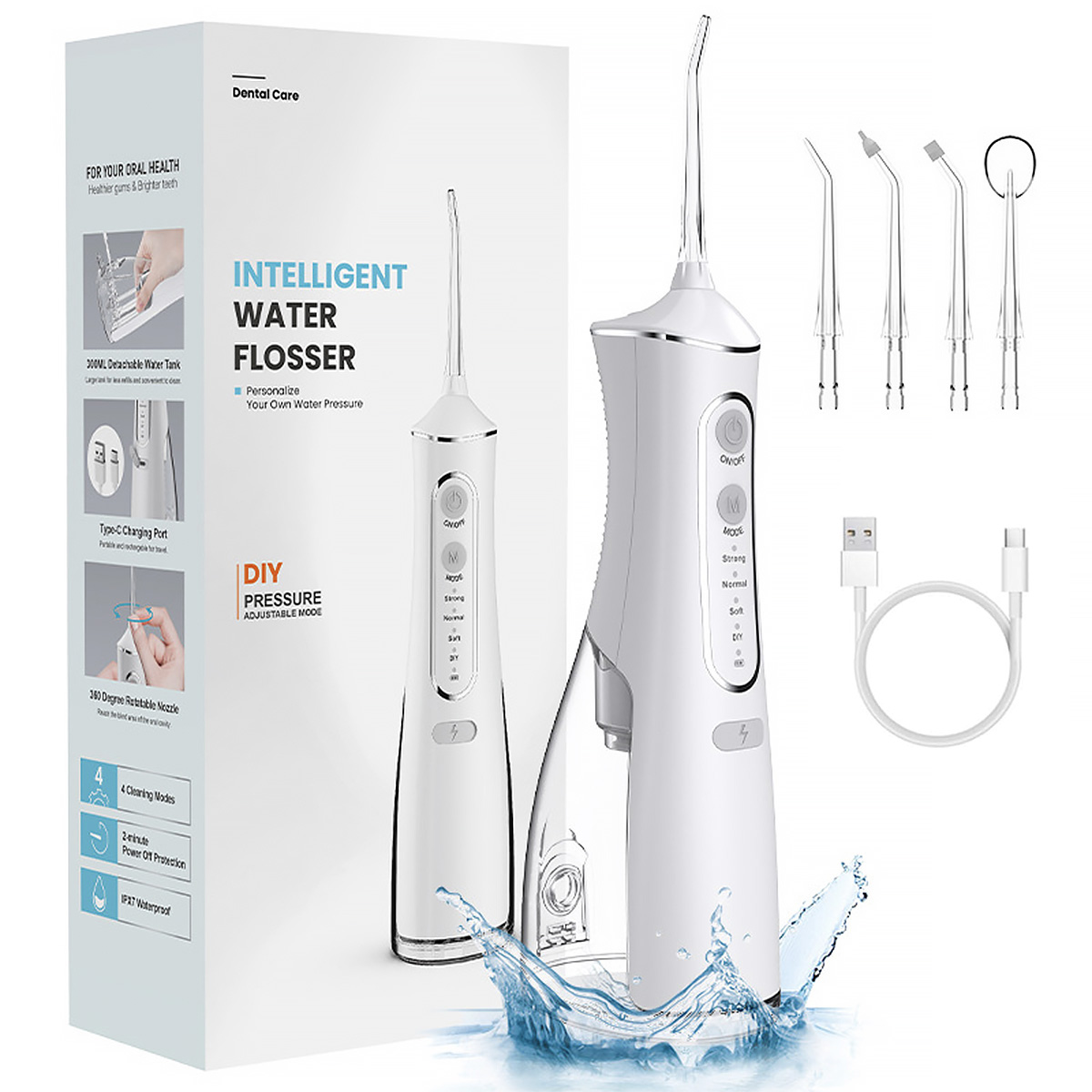 Wasser-Flosser-Set mit zwei weißen Zahnseiden, Düsen und Box. Zubehör: USB-Kabel.