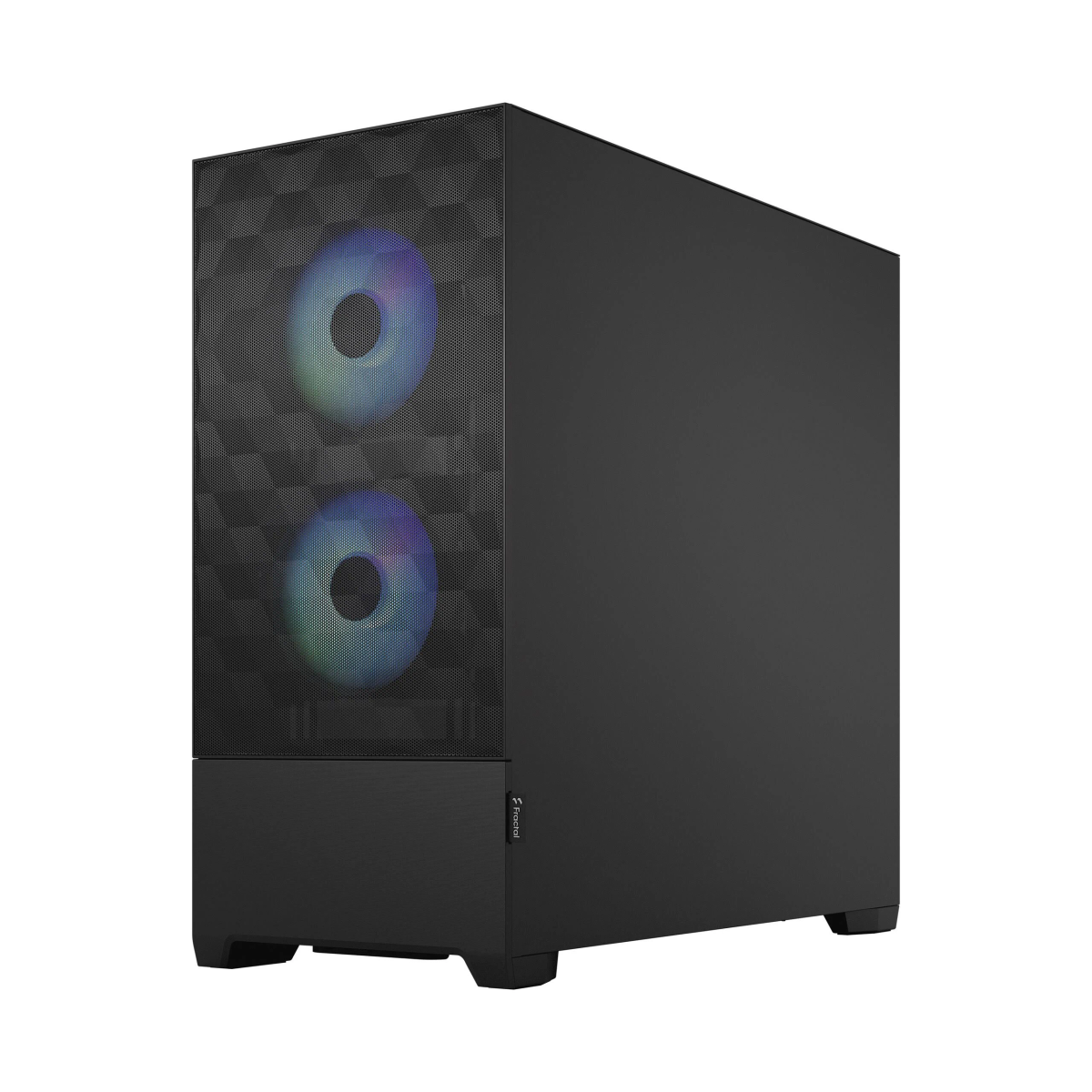 A black computer case with a mesh front panel and two colorful LED fans.