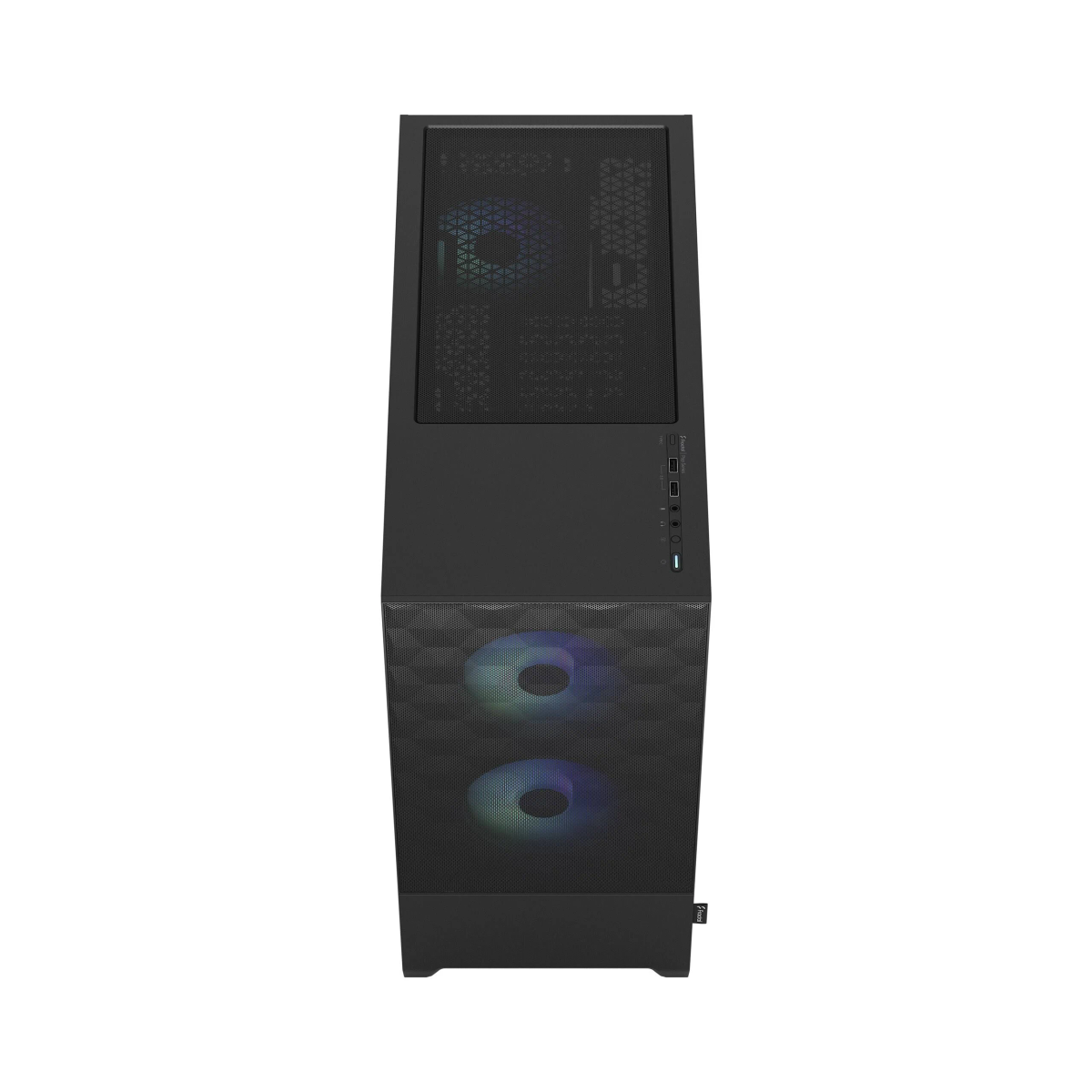 Black computer case, top view. Shows mesh, ports, and fans.