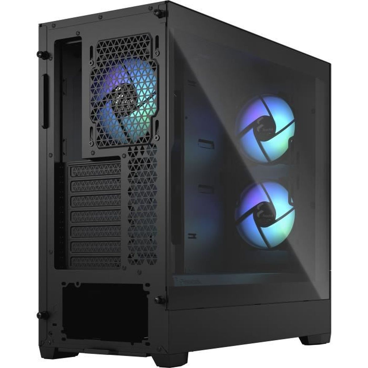 A computer case, black, is shown. The case has a glass side panel, and a fan with colorful lights.
