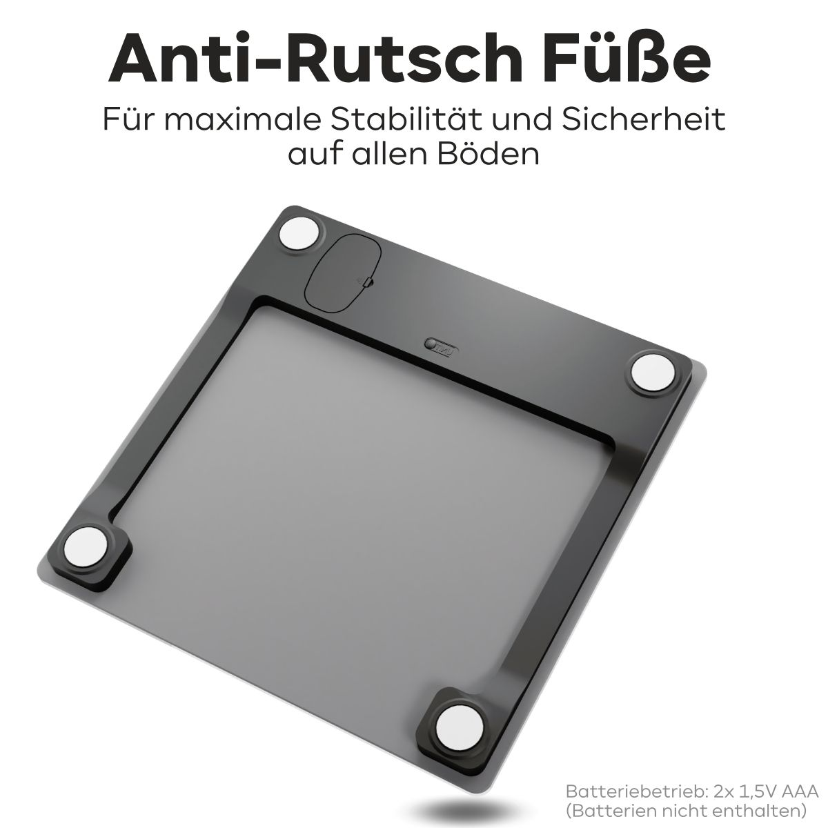 Ciemnoszara waga cyfrowa z antypoślizgowymi nóżkami. Tekst: Anti-Rutsch Füße. Dla maksymalnej stabilności i bezpieczeństwa.
