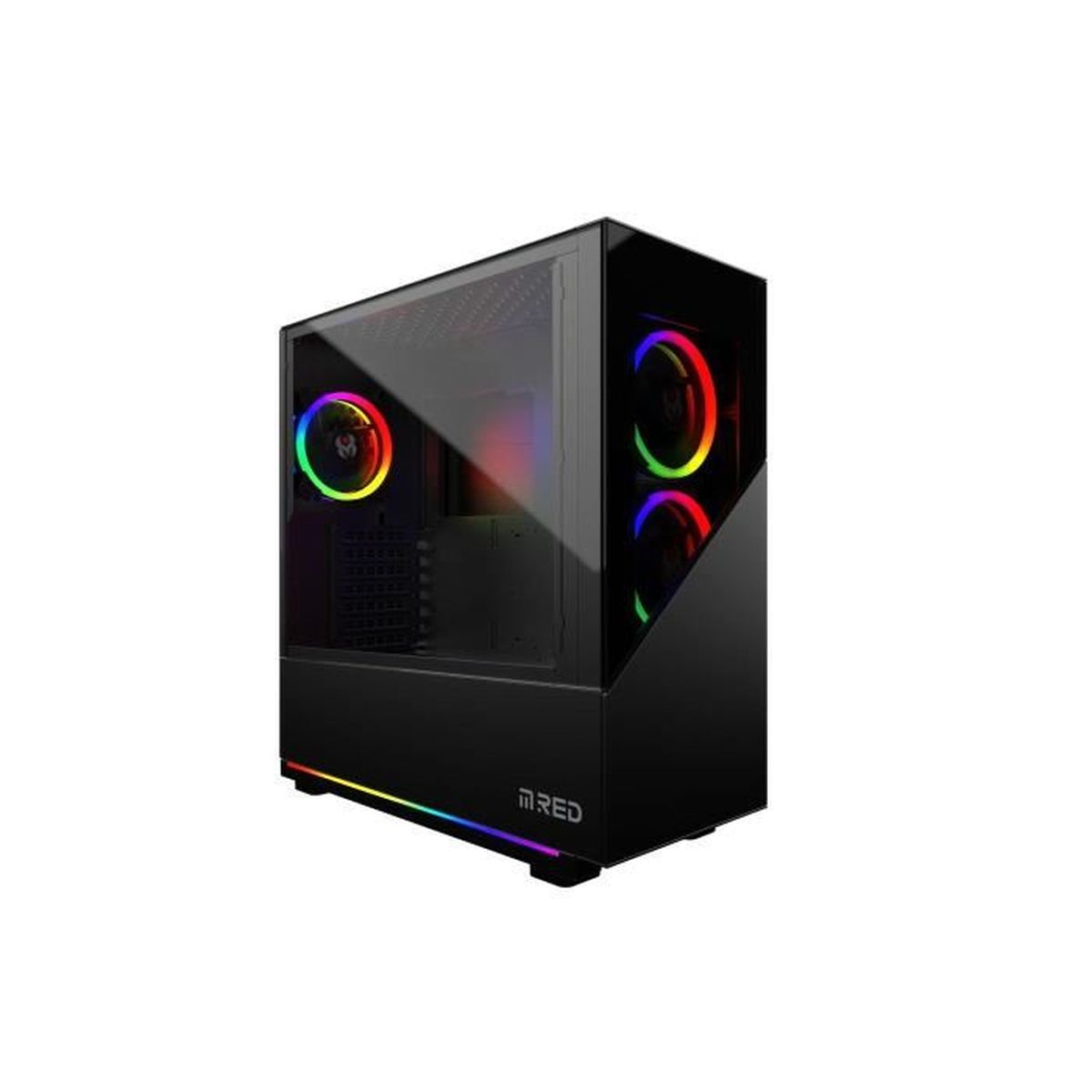 Case per computer nero con pannello in vetro, luci RGB. Contiene componenti interni. Logo MRED in basso.