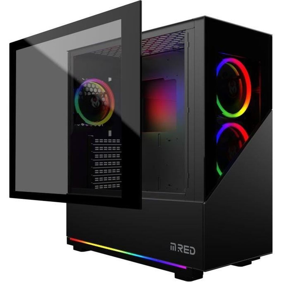 Un case per computer nero con porta in vetro. Il case ha illuminazione RGB e una ventola visibile all'interno.
