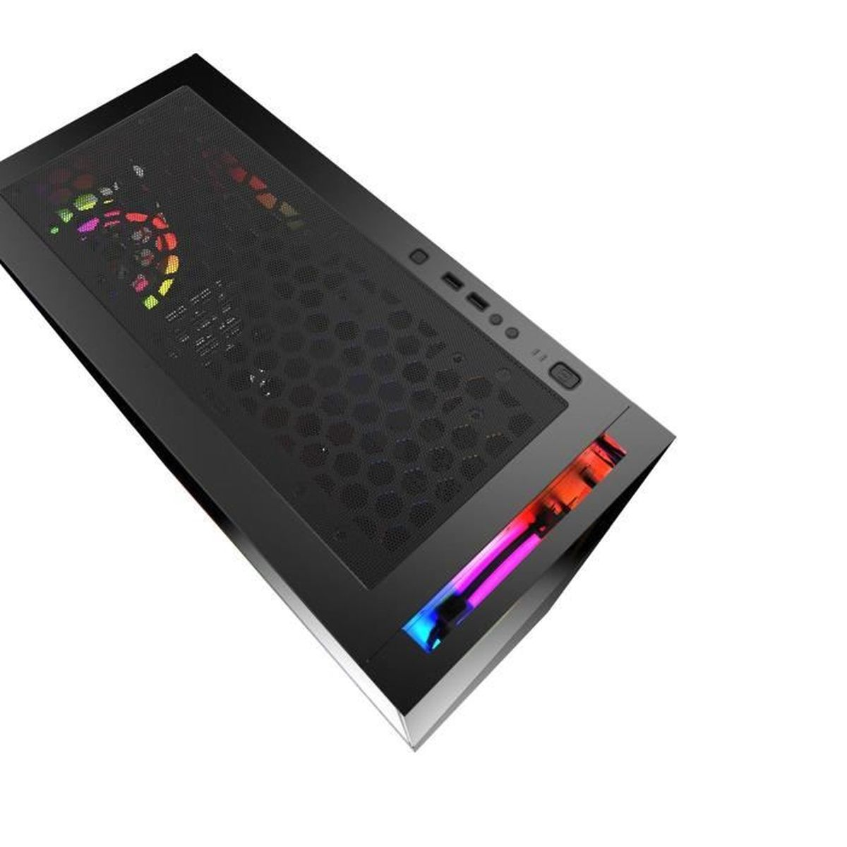 Case nero per computer con frontale a rete, illuminato con luci RGB.