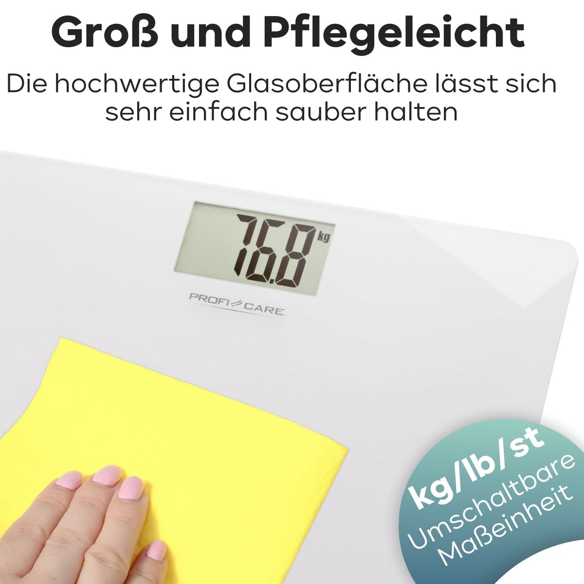 Biała waga z cyfrowym wyświetlaczem 76,8 kg. Dłoń trzyma żółtą szmatkę.