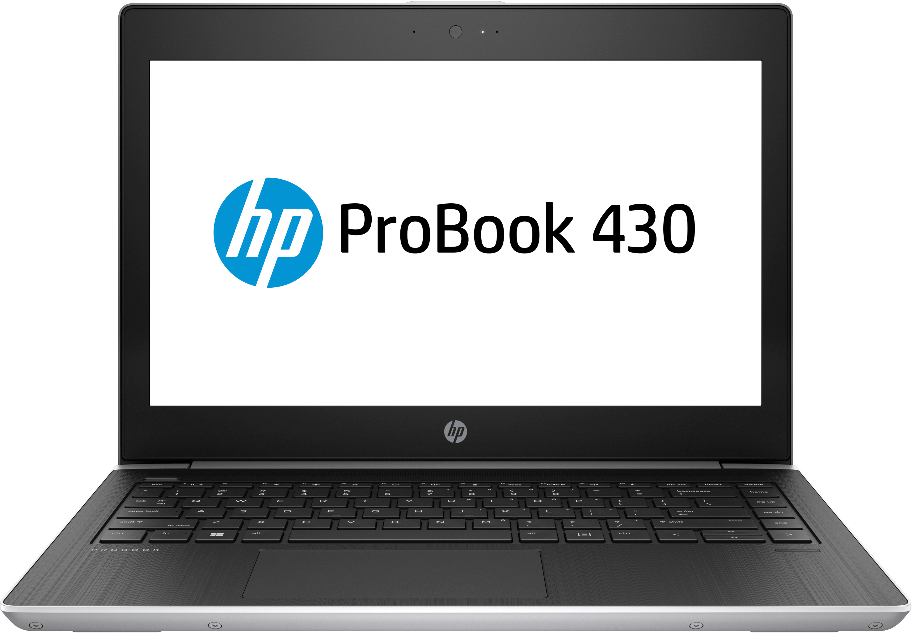 Un laptop HP ProBook 430, che mostra il suo logo sullo schermo, su sfondo bianco.