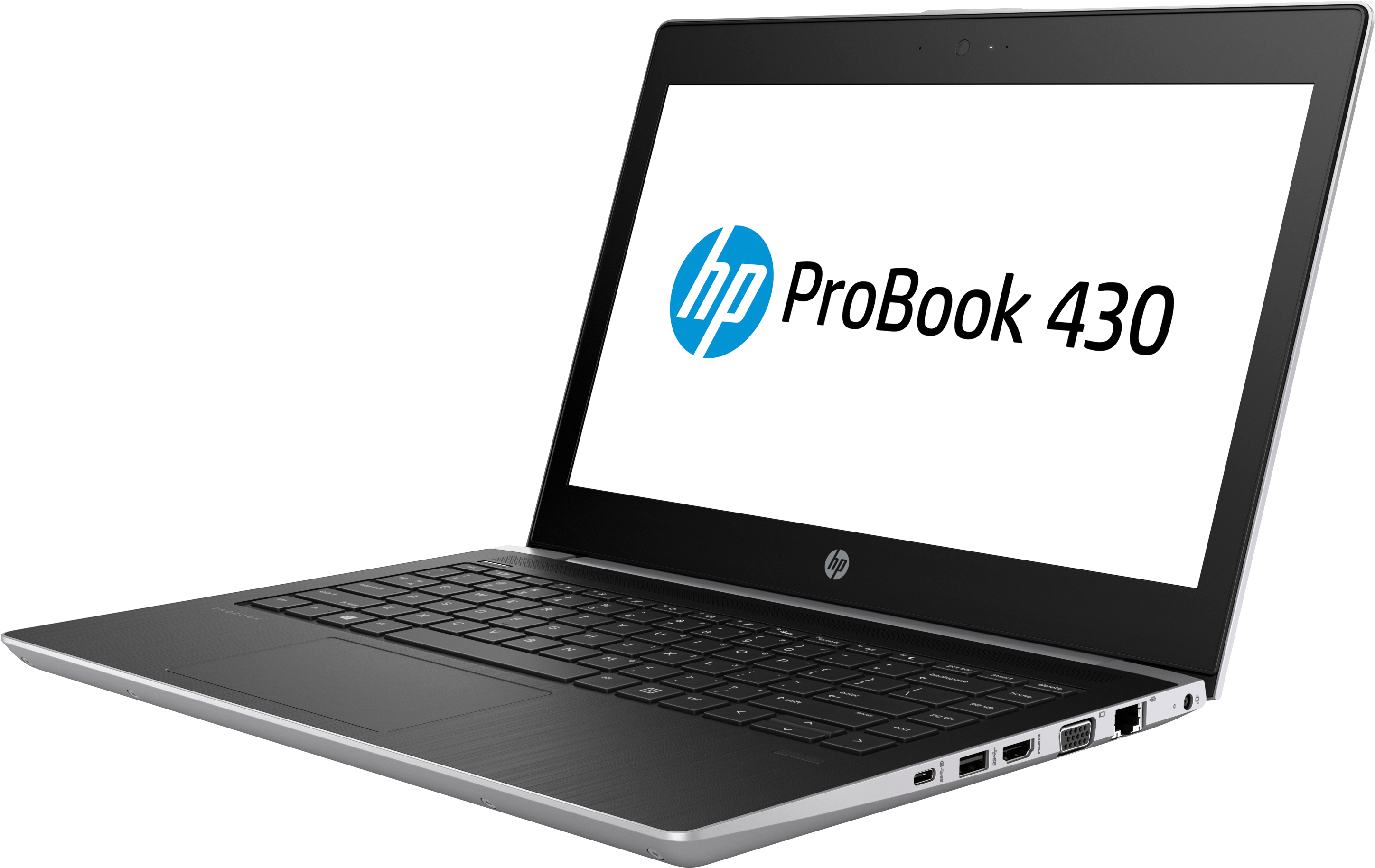 Laptop HP ProBook 430 argento e nero, aperto, mostra lo schermo con il logo HP.
