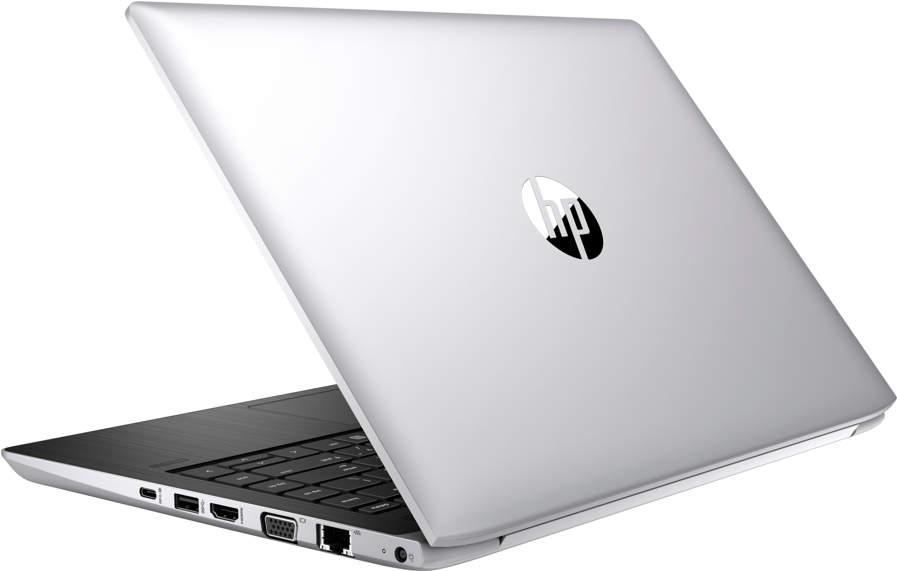 Laptop argentato con coperchio aperto, mostra tastiera e logo HP.