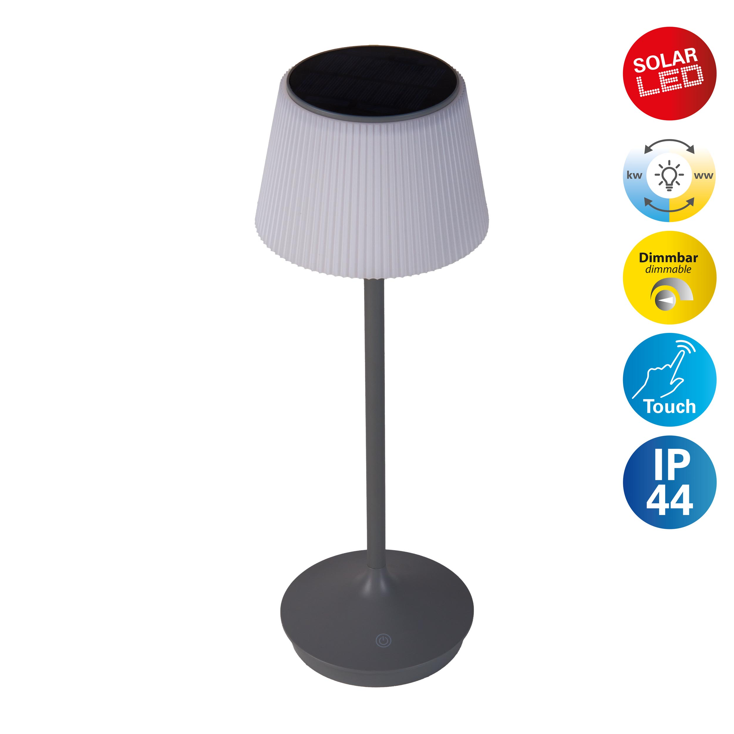 Graue Tischlampe mit weißem Schirm, Solarpanel oben. Symbole: Solar, dimmbar und Touch.