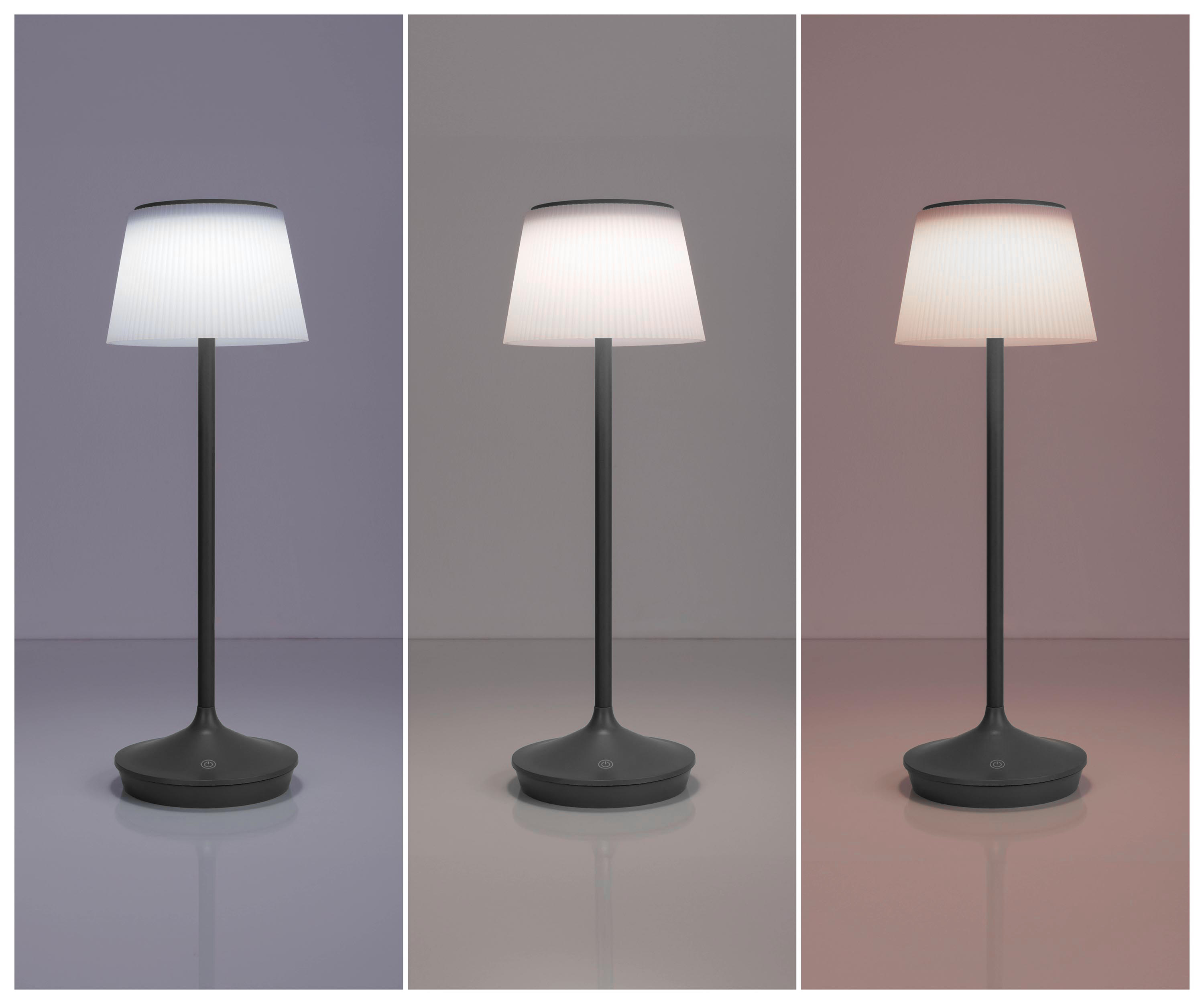 Drei Lampen mit unterschiedlichen Farbtönen. Schwarzer Sockel und Ständer. Weißer Lampenschirm. Verschiedene Hintergründe.