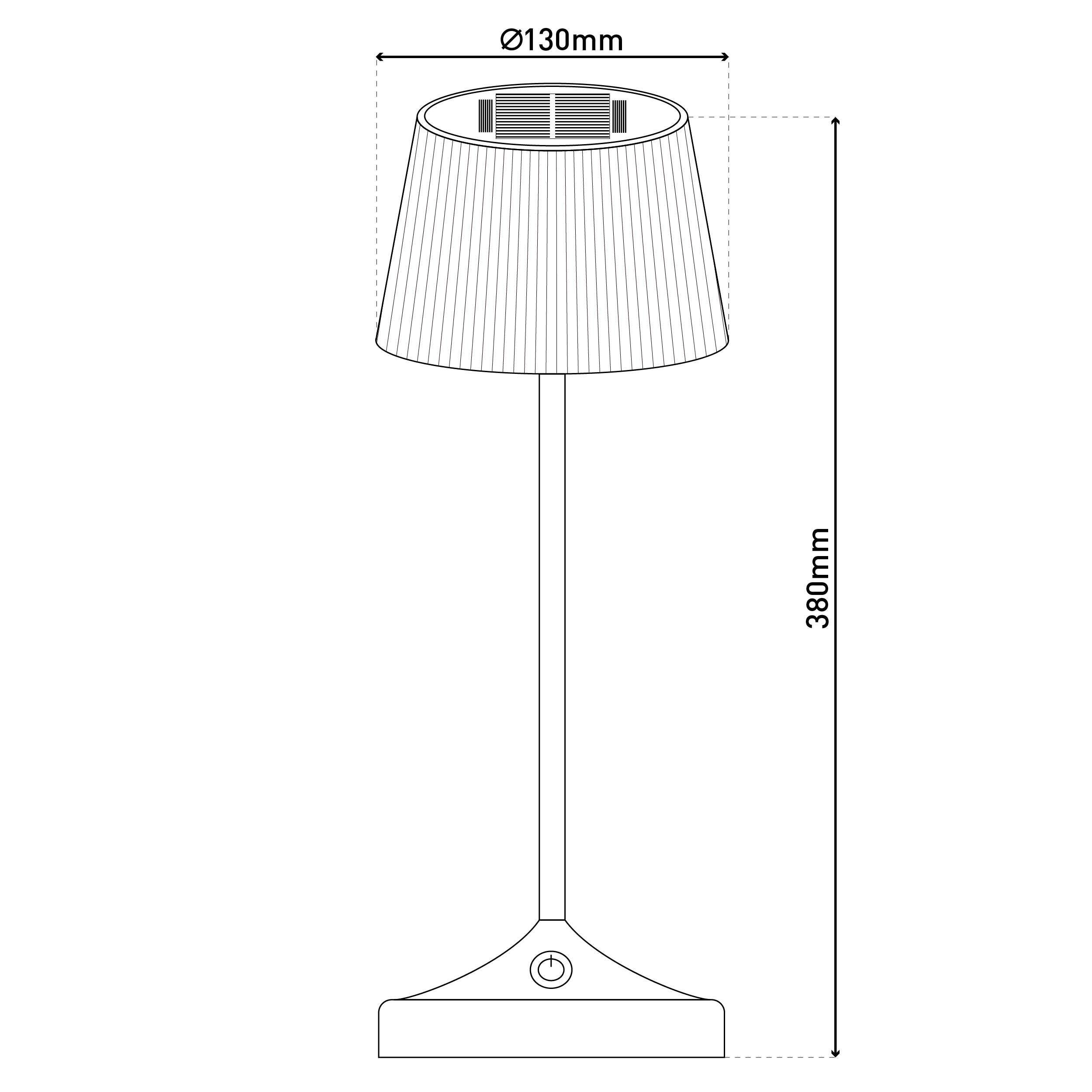Strichzeichnung einer Lampe mit Lampenschirm und Fuß, mit Maßangaben.