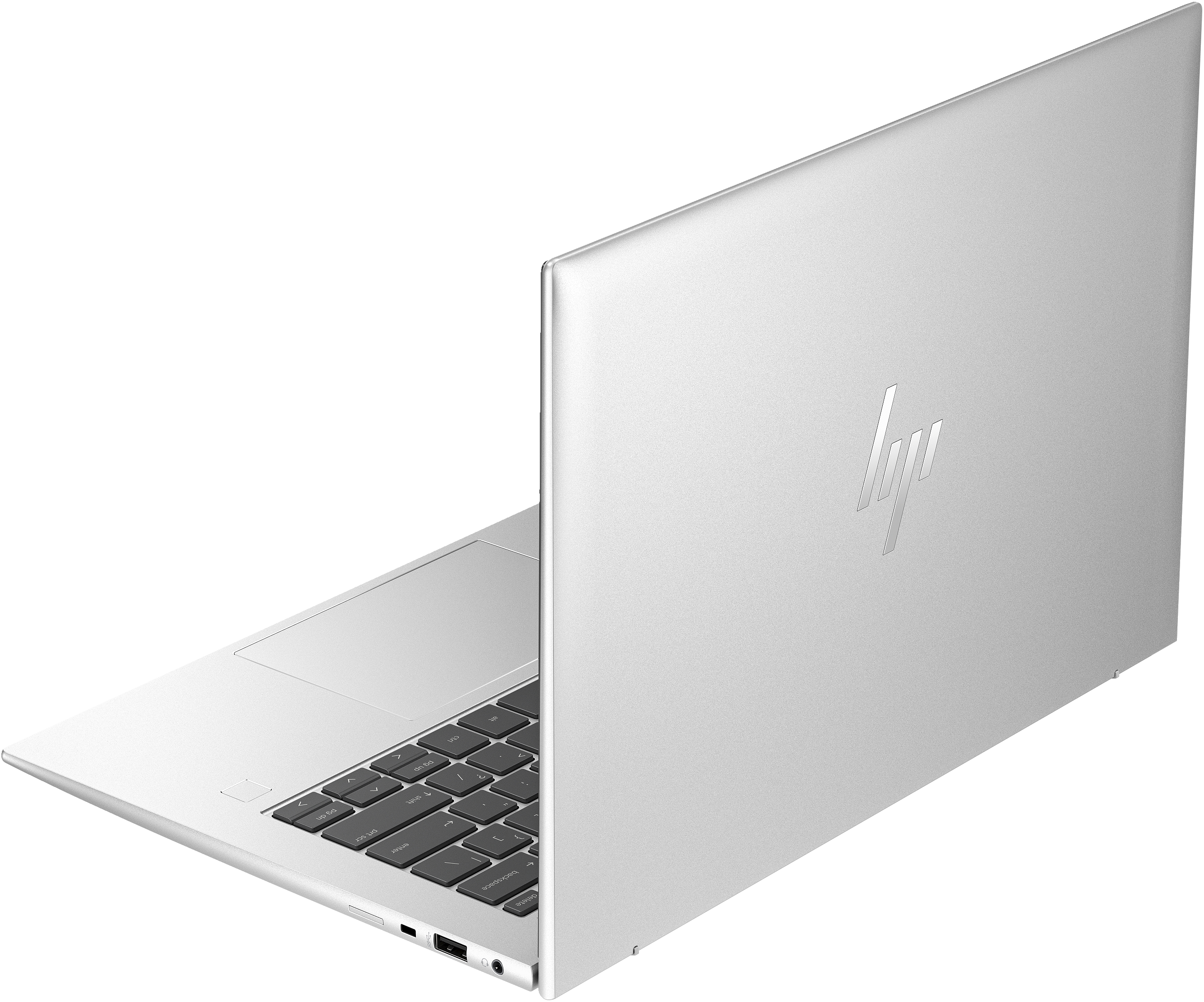 Silberner Laptop mit HP-Logo, geöffnet auf weißem Hintergrund.