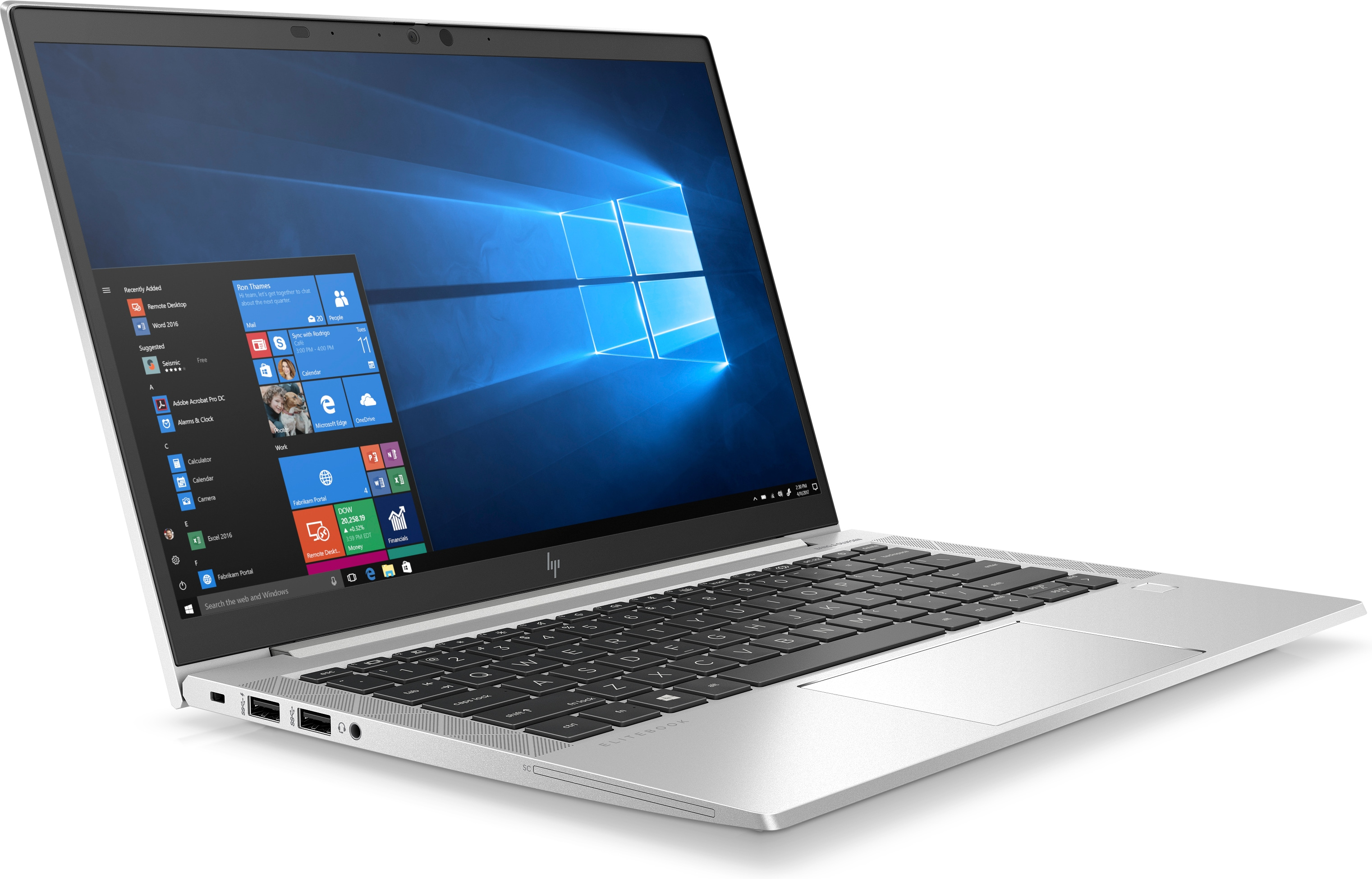 Laptop con corpo argentato. Lo schermo mostra un desktop di Windows con varie icone e applicazioni.