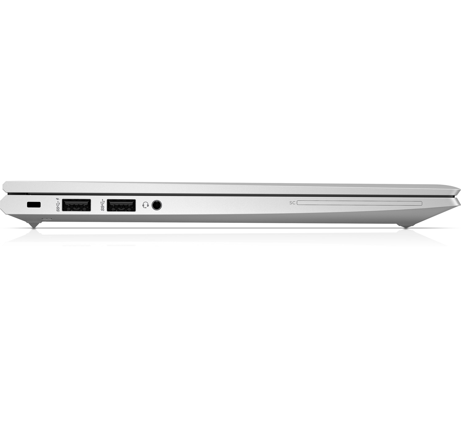 Side view of a silver laptop, showing ports and a sleek design, on a white background.