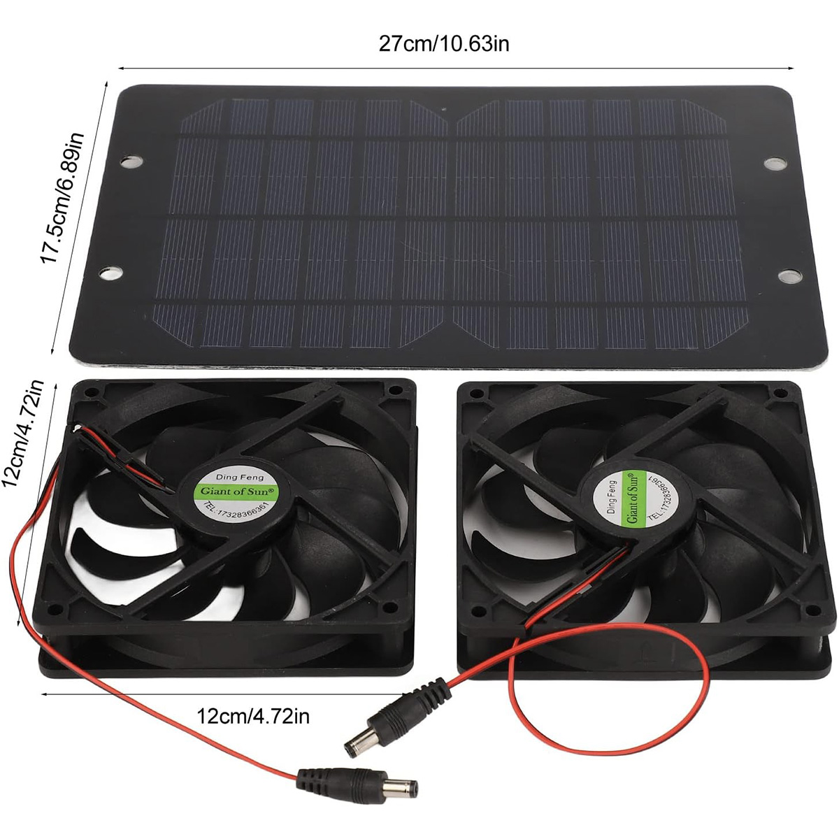 Ein Solarpanel und zwei schwarze Ventilatoren mit Abmessungen. Das Solarpanel ist schwarz.
