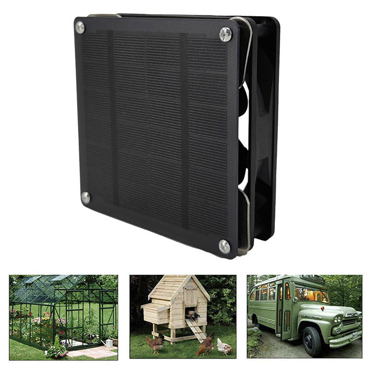 Ein schwarzes Solarpanel mit einem daran befestigten Lüfter. Drei kleinere Bilder eines Gewächshauses, eines Hühnerstalls und eines Busses.