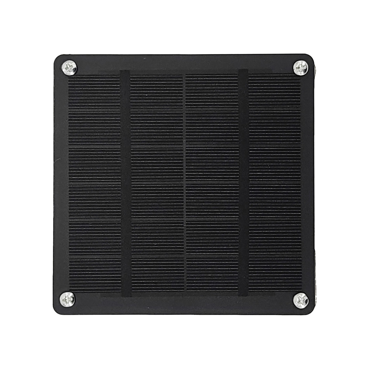 Ein schwarzes Solarpanel mit horizontalen Linien und vier Schrauben.