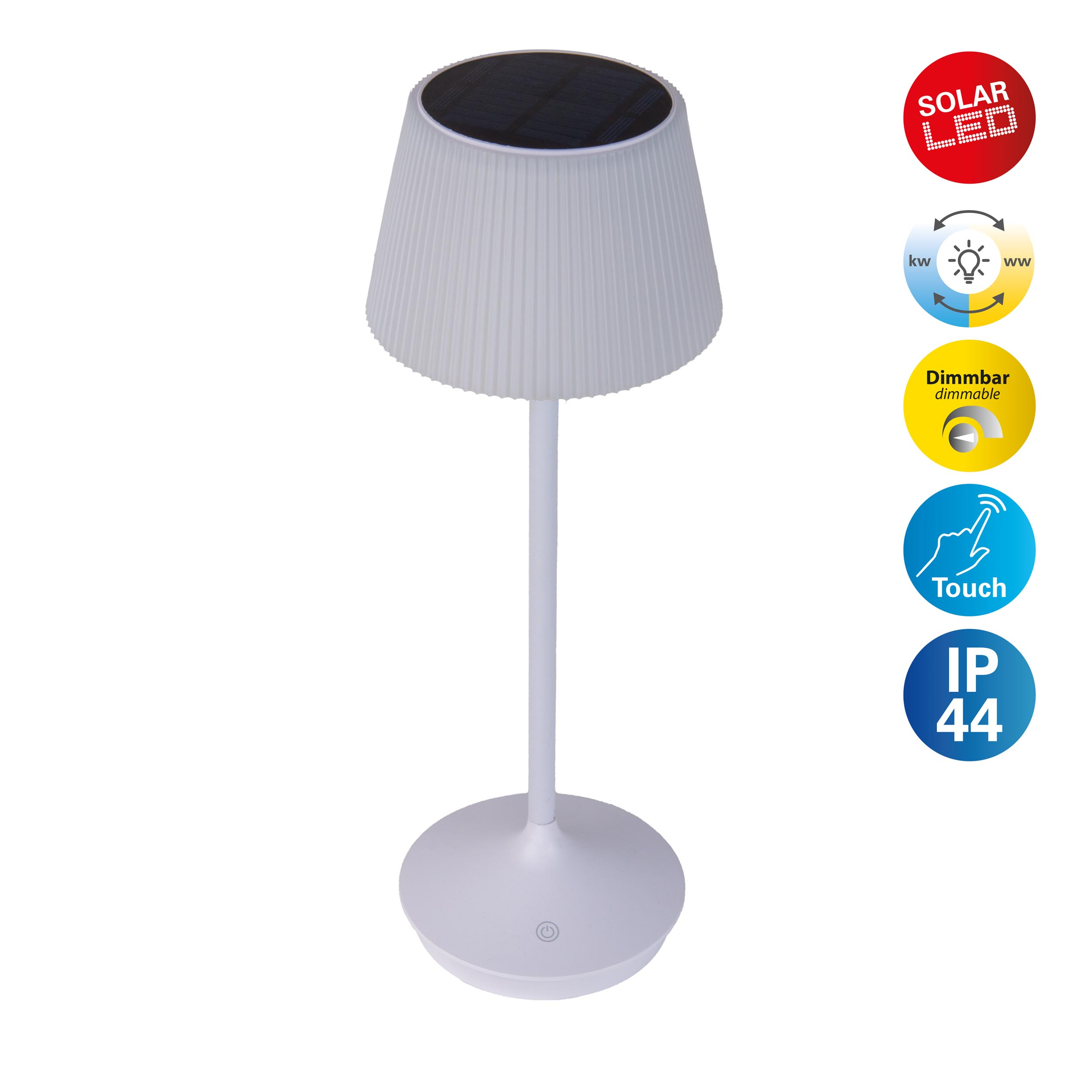 Eine weiße Solarlampe mit Lampenschirm und berührungsempfindlichem Sockel. Die Lampe hat ein Solarpanel.