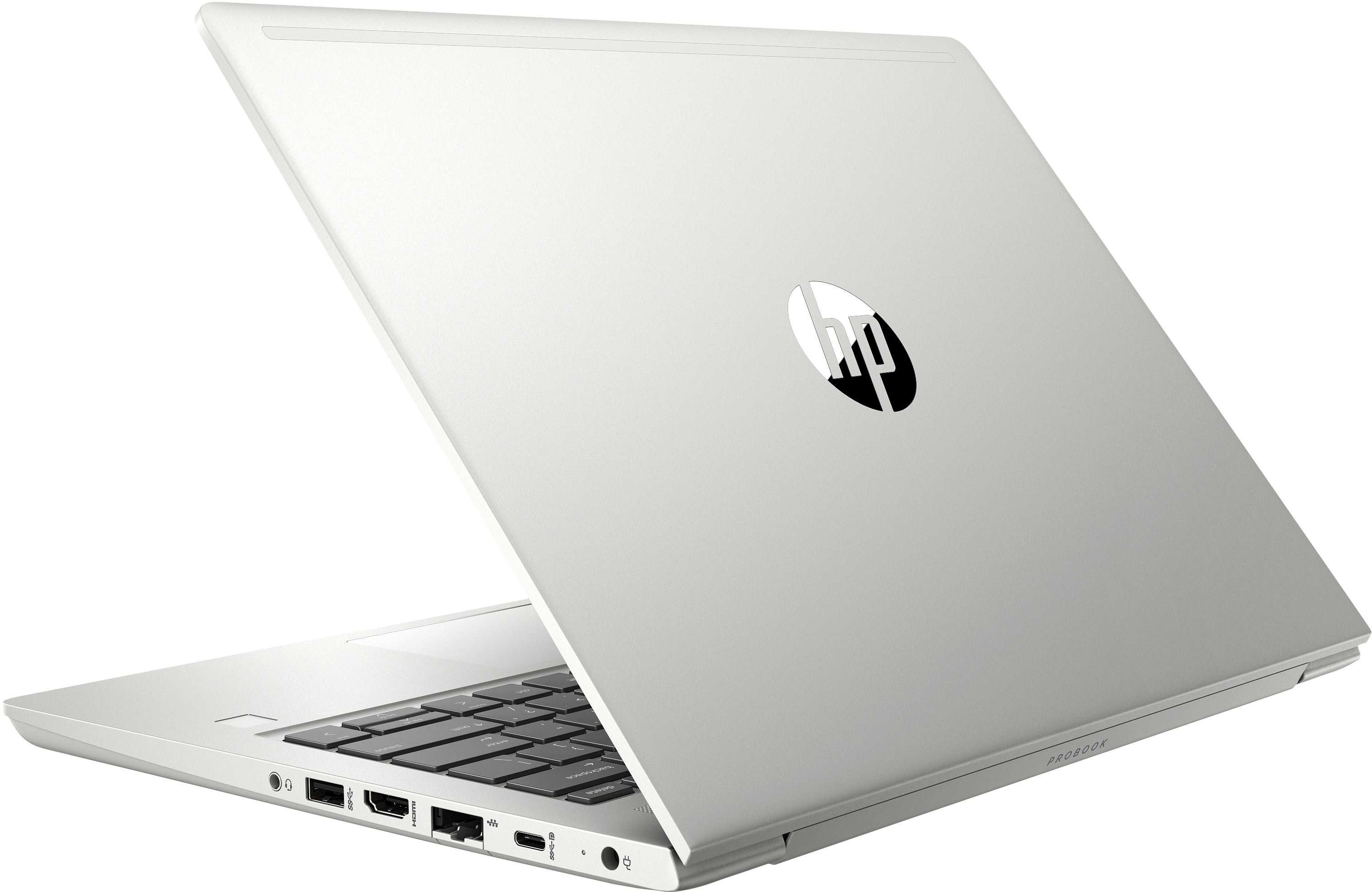 Laptop argento con coperchio aperto. Il logo HP è visibile sul coperchio. La tastiera è in vista.