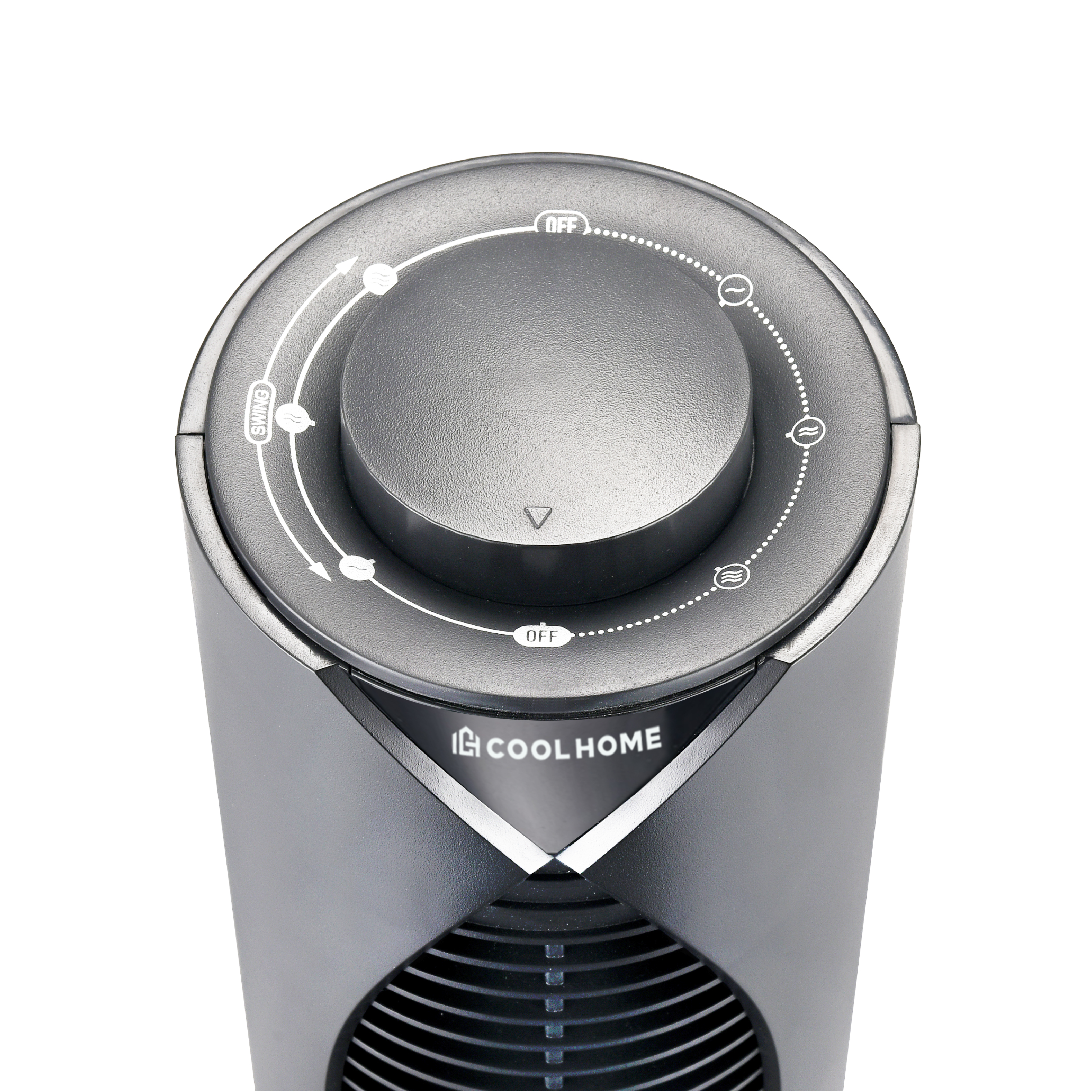 Draufsicht auf einen schwarzen Ventilator mit einem zentralen Steuerrad. Das Rad hat Einstellungen für Aus und Schwenkmodus.