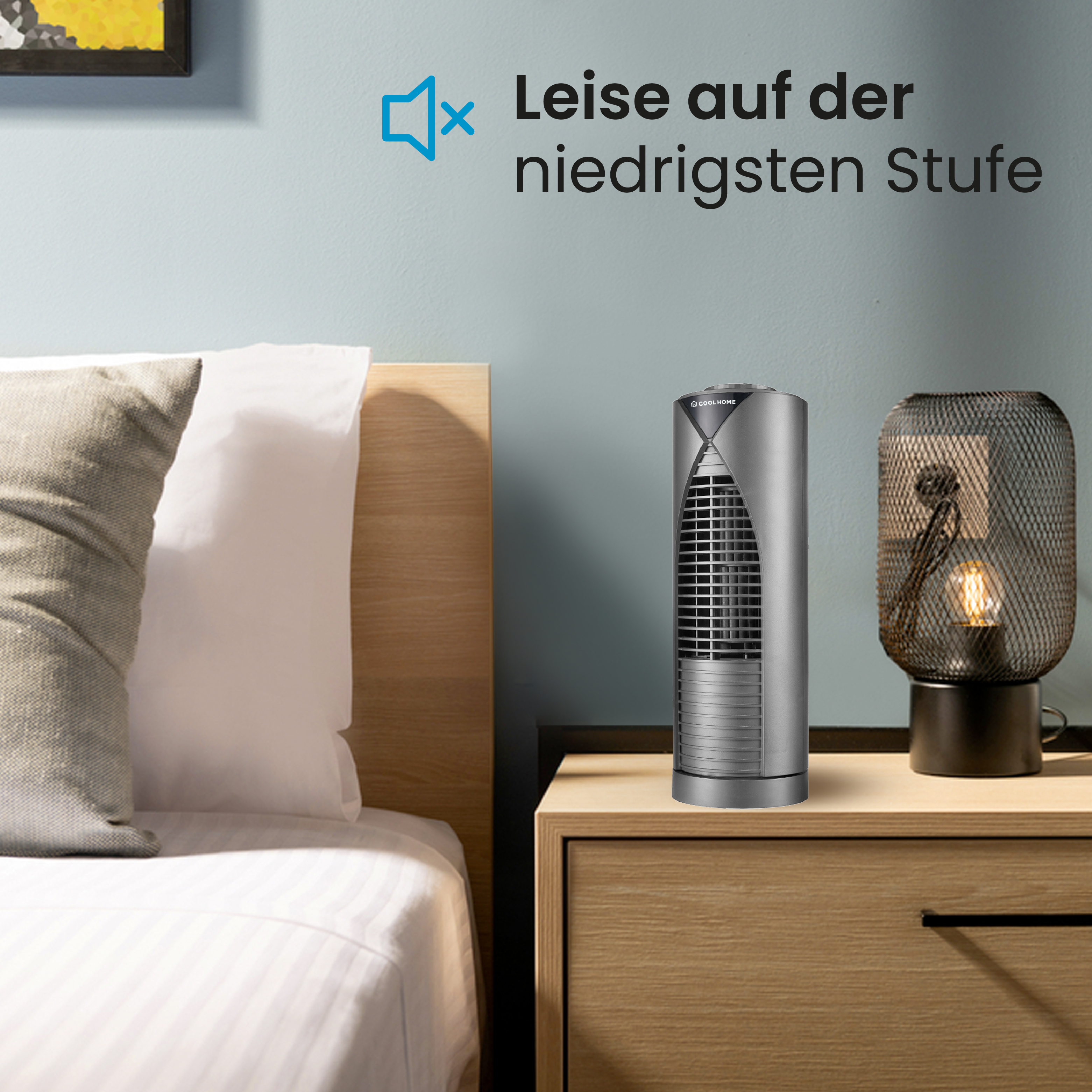 Ein Turmventilator auf einem Nachttisch mit dem Text: 'Leise auf der niedrigsten Stufe'.