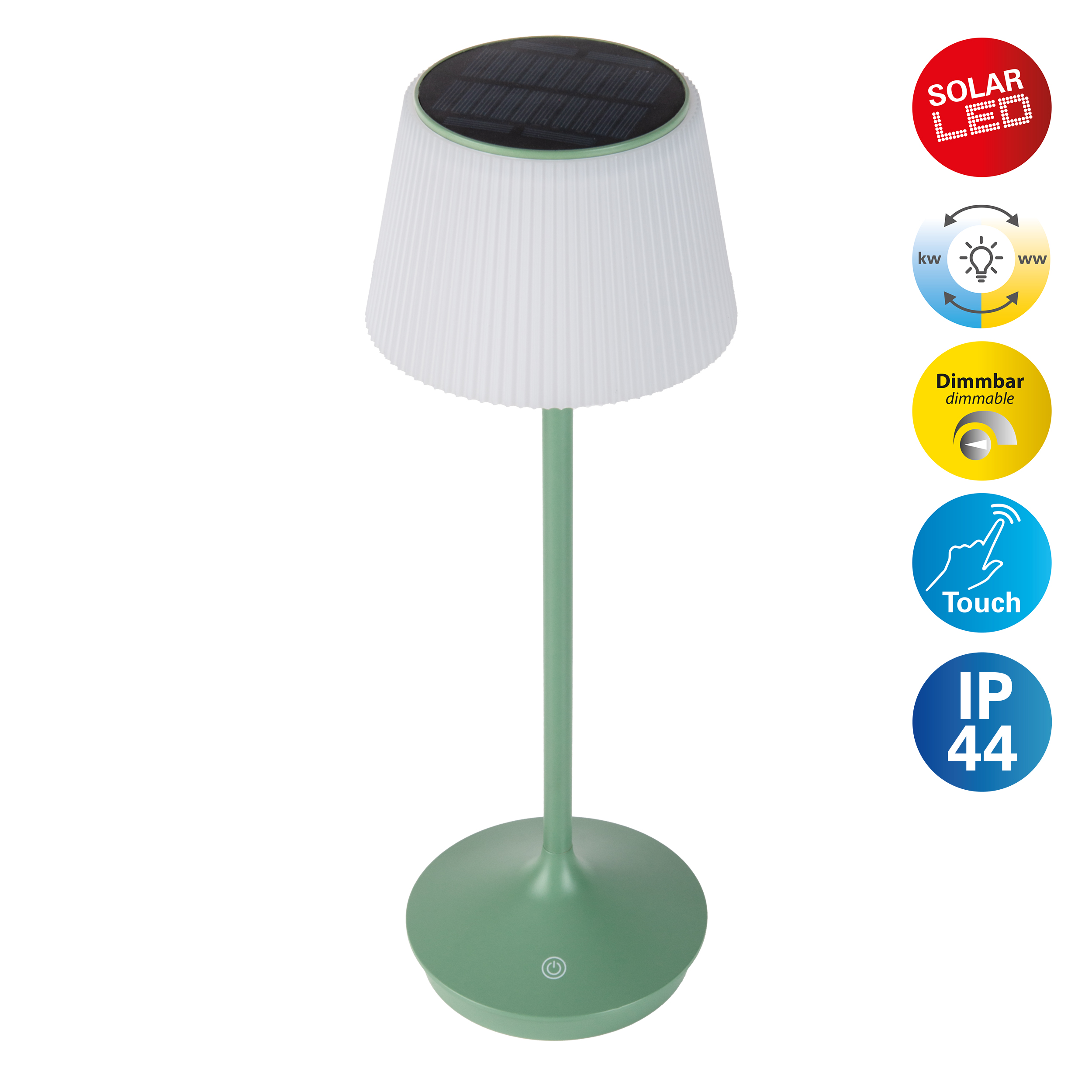 Solar-LED-Tischlampe, grüner Sockel und Stiel, weißer plissierter Schirm, Solarpanel oben.