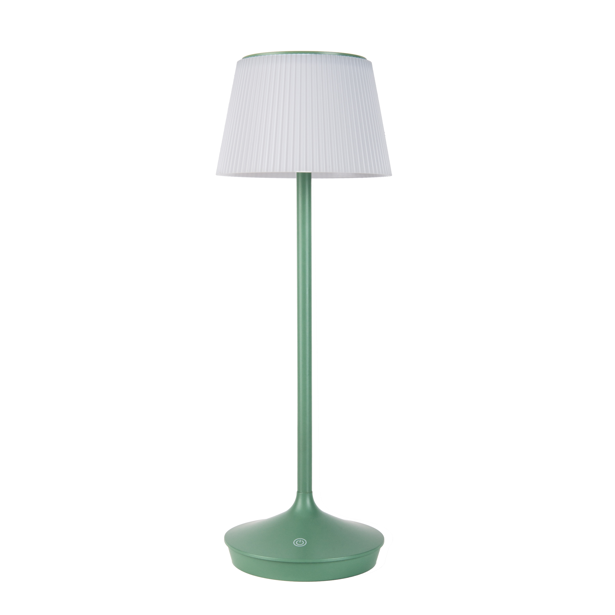 Grüne Stehlampe mit weißem Lampenschirm, auf weißem Hintergrund. Der Sockel ist rund.
