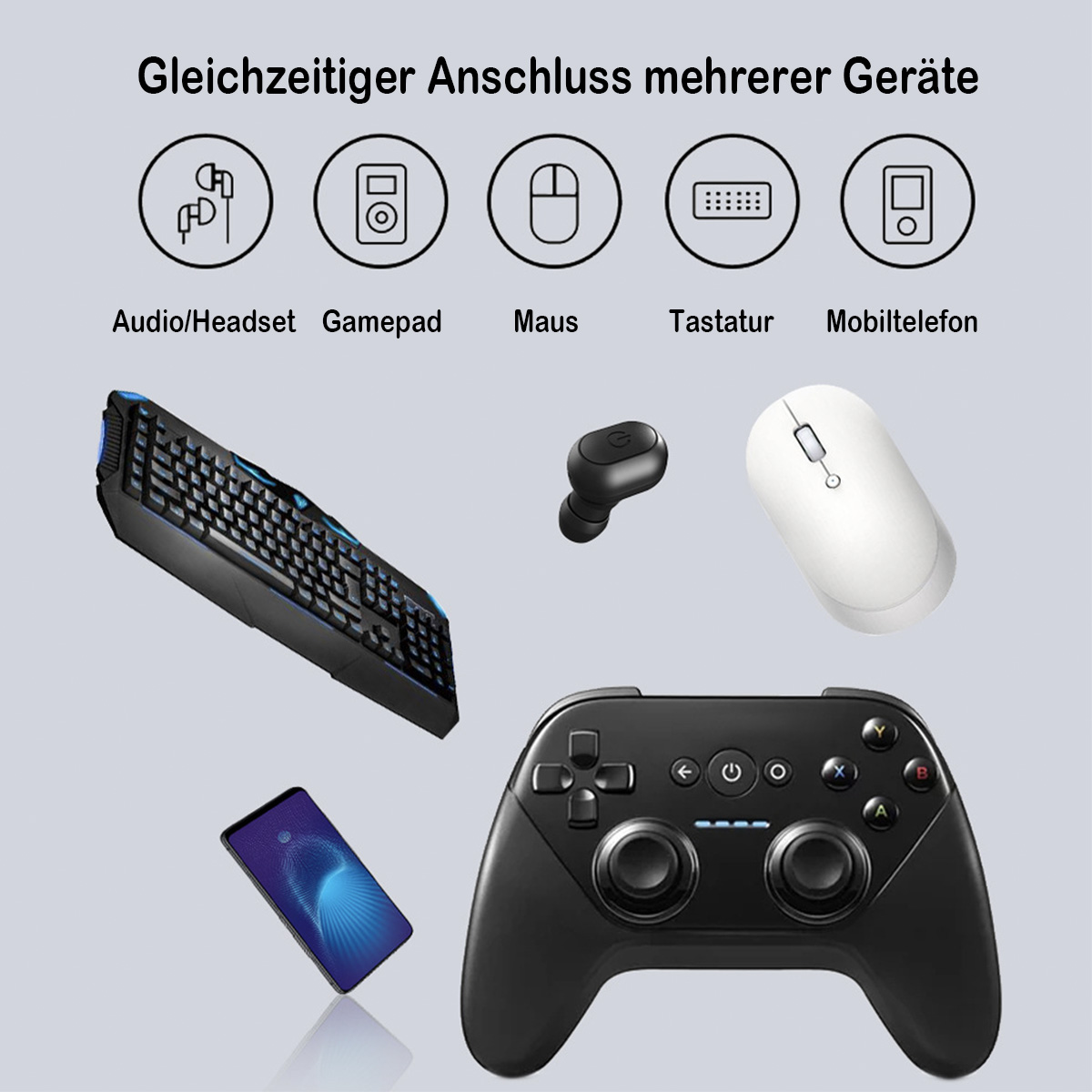 Eine Sammlung elektronischer Geräte: Tastatur, Gamepad, Maus, Ohrhörer und Smartphone.