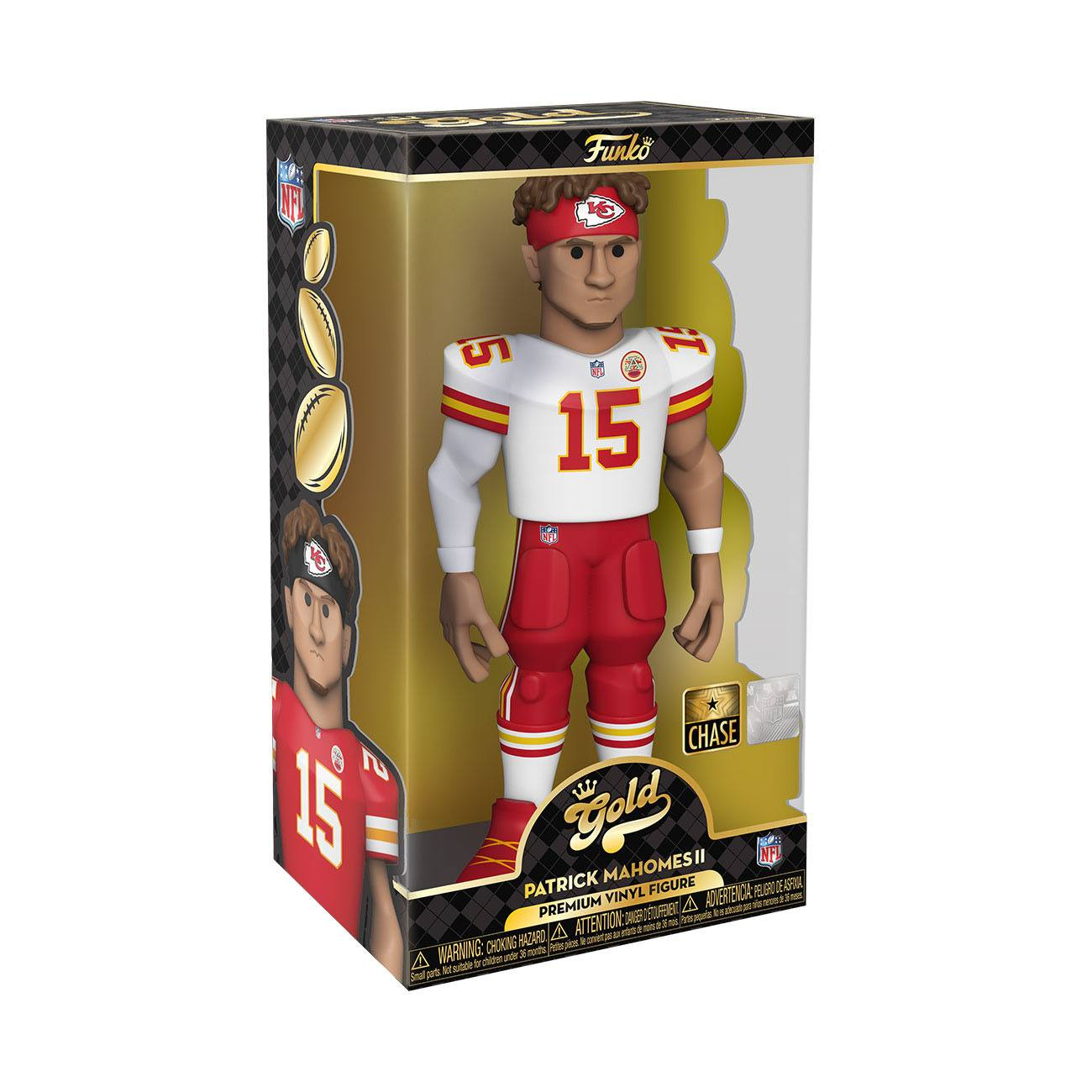 Funko Pop Figur von Patrick Mahomes II in einer Displaybox mit NFL Logo und Gold-Label.