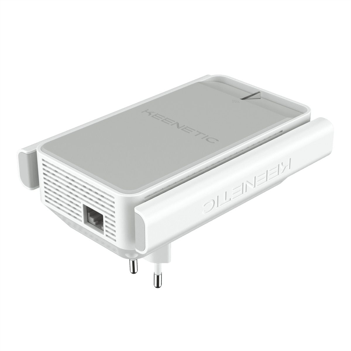 Weißer Keenetic Wi-Fi-Extender mit grauem Oberteil, mit weißer Steckbasis und Ethernet-Anschluss.