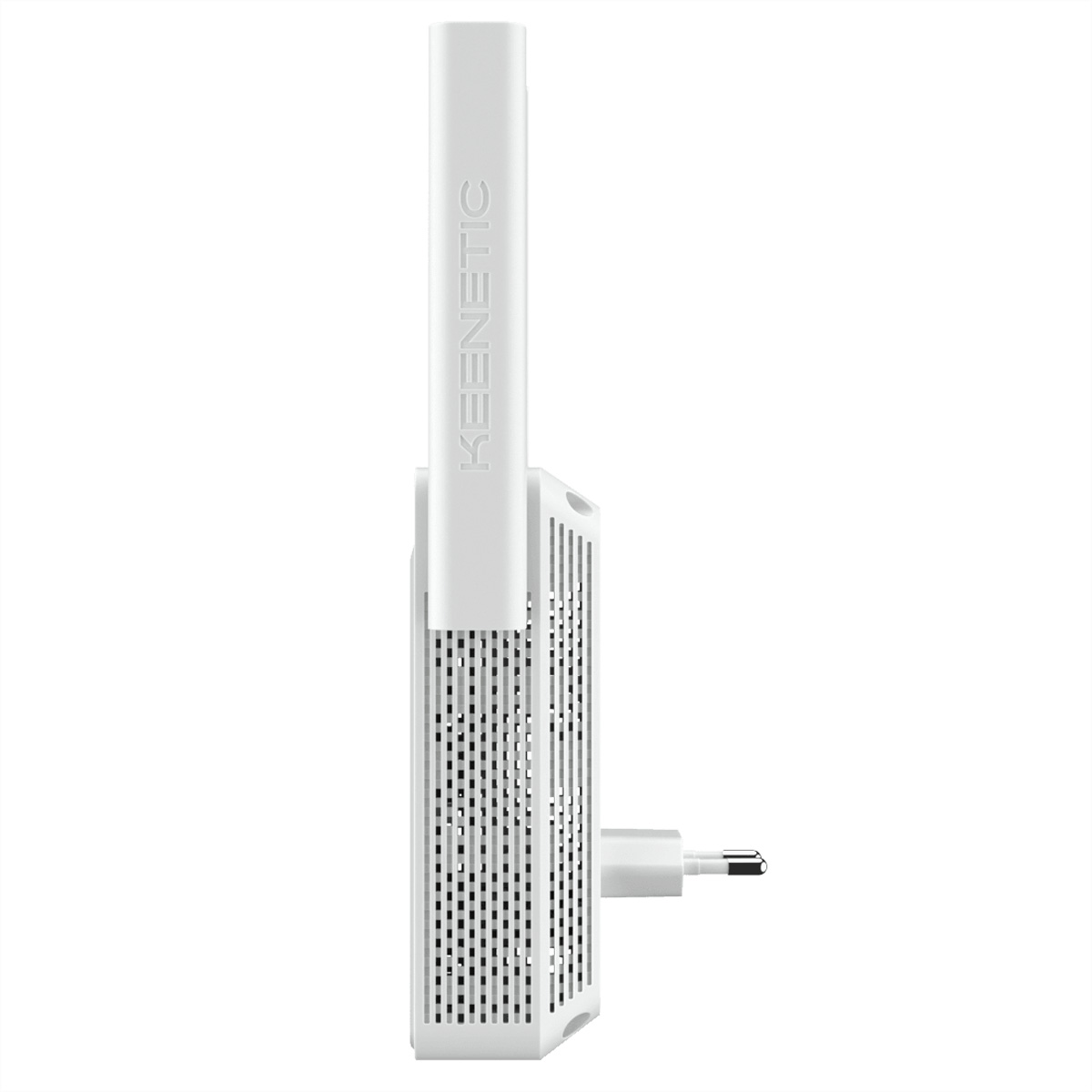 Ein weißer Keenetic Wi-Fi-Extender, Seitenansicht. Das Keenetic-Logo ist sichtbar.
