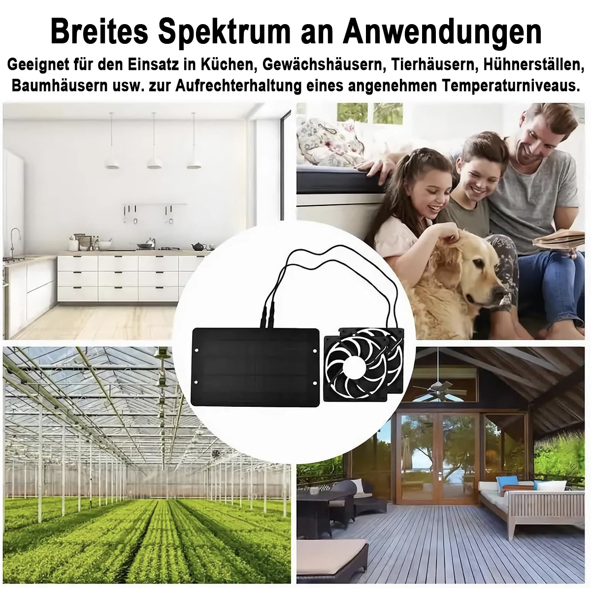 Bilder, die Anwendungen zeigen: Küche, Gewächshaus, Familie mit Hund und Außenterrasse. Ein Ventilator steht im Zentrum.