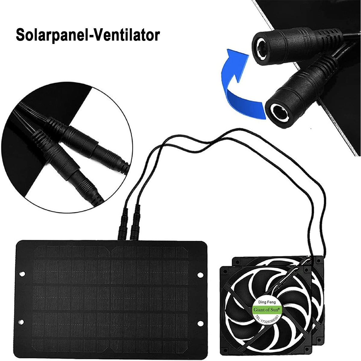 Solarmodul und Lüftersystem mit schwarzen Drähten und Steckern. Die Komponenten sind im Bild angeordnet.