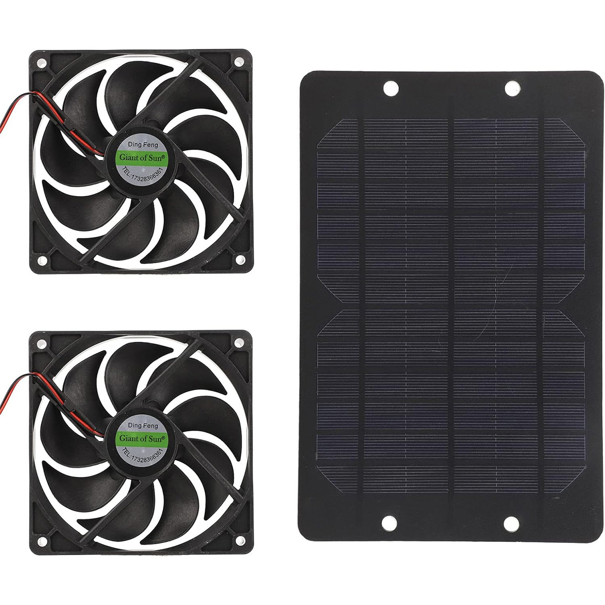 Zwei schwarze Ventilatoren und ein schwarzes Solarpanel auf weißem Hintergrund.