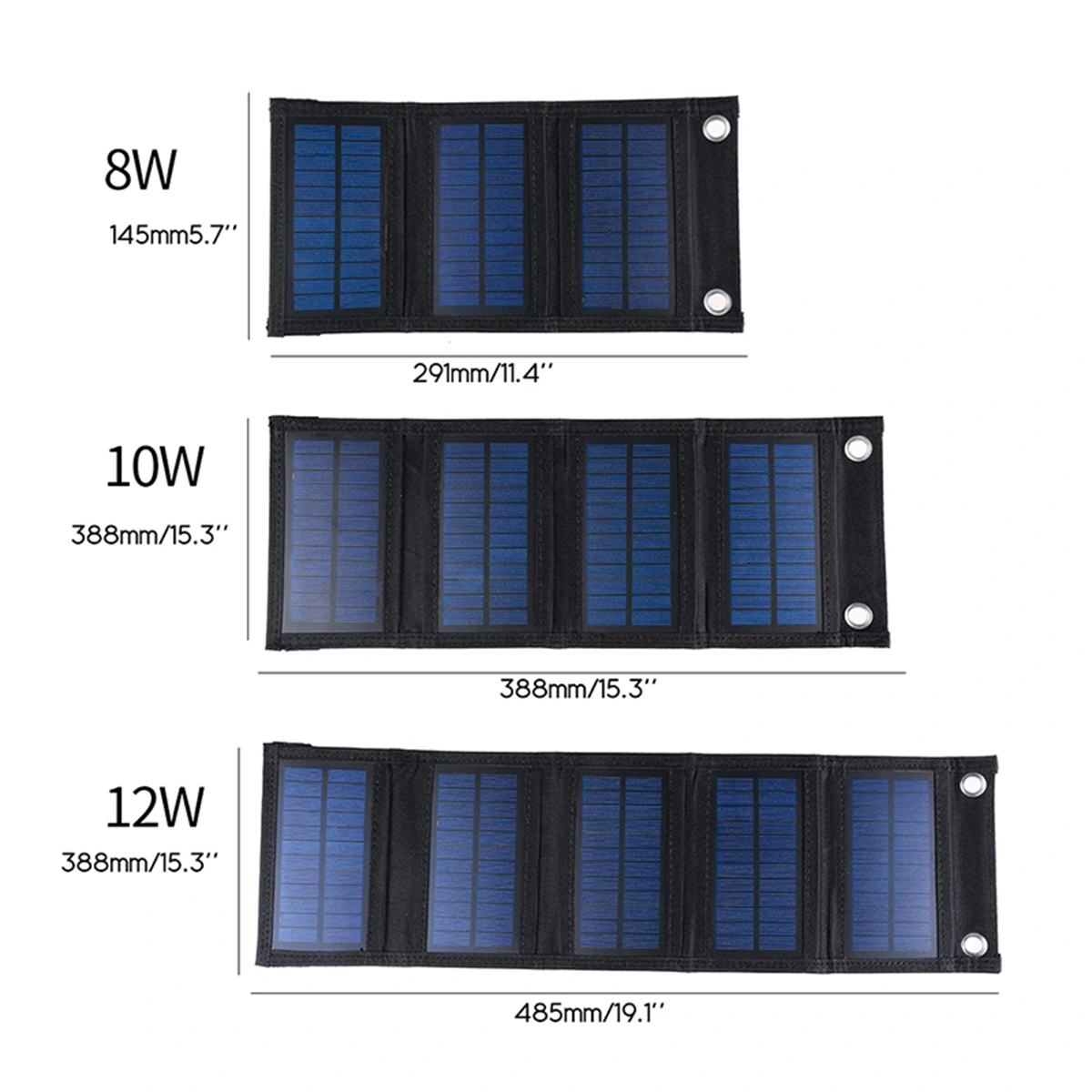 Drei schwarze Solarpanels verschiedener Größen mit Abmessungen in mm und Zoll dargestellt.