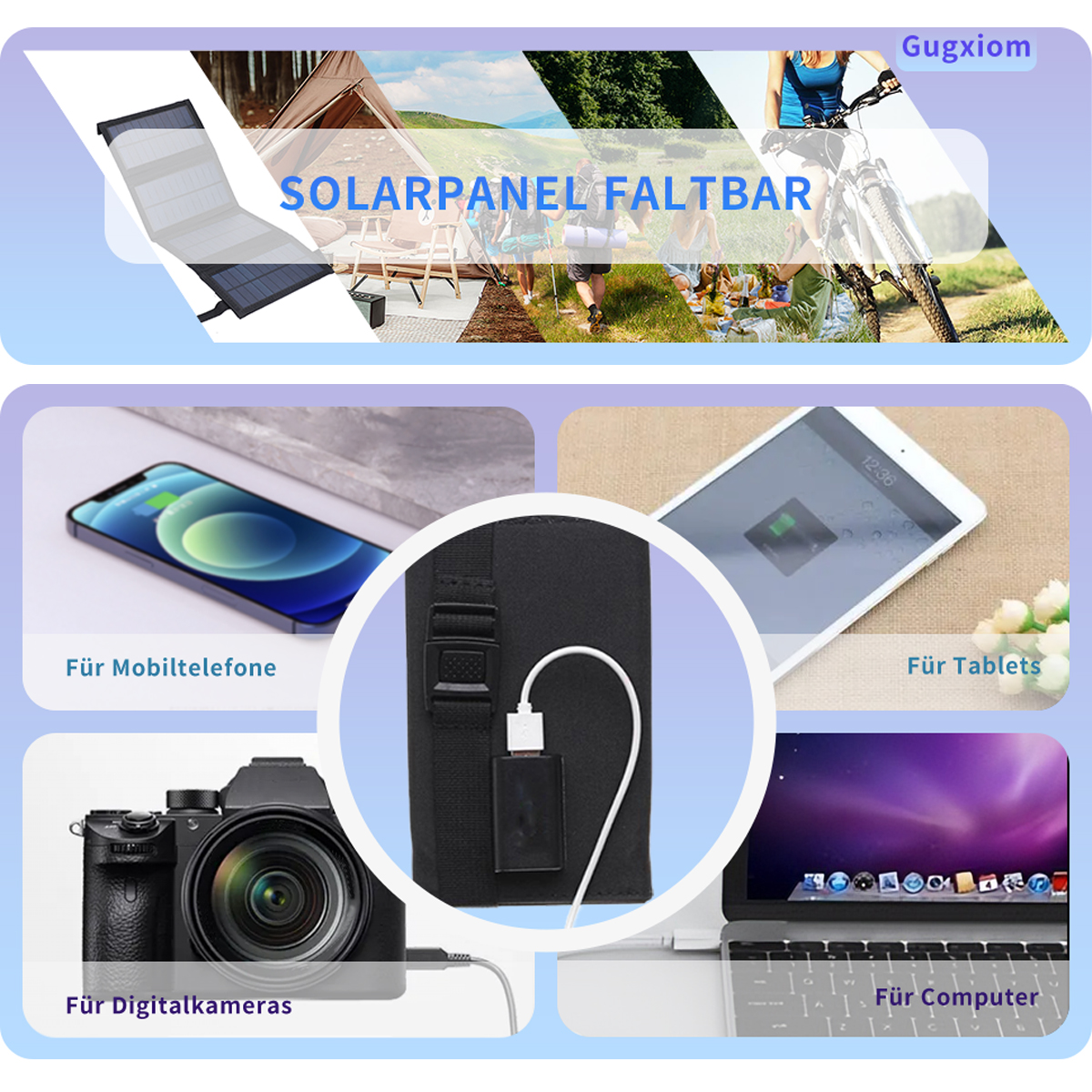 Solarpanel mit mehreren Bildern seiner Verwendung. Weißer Hintergrund.