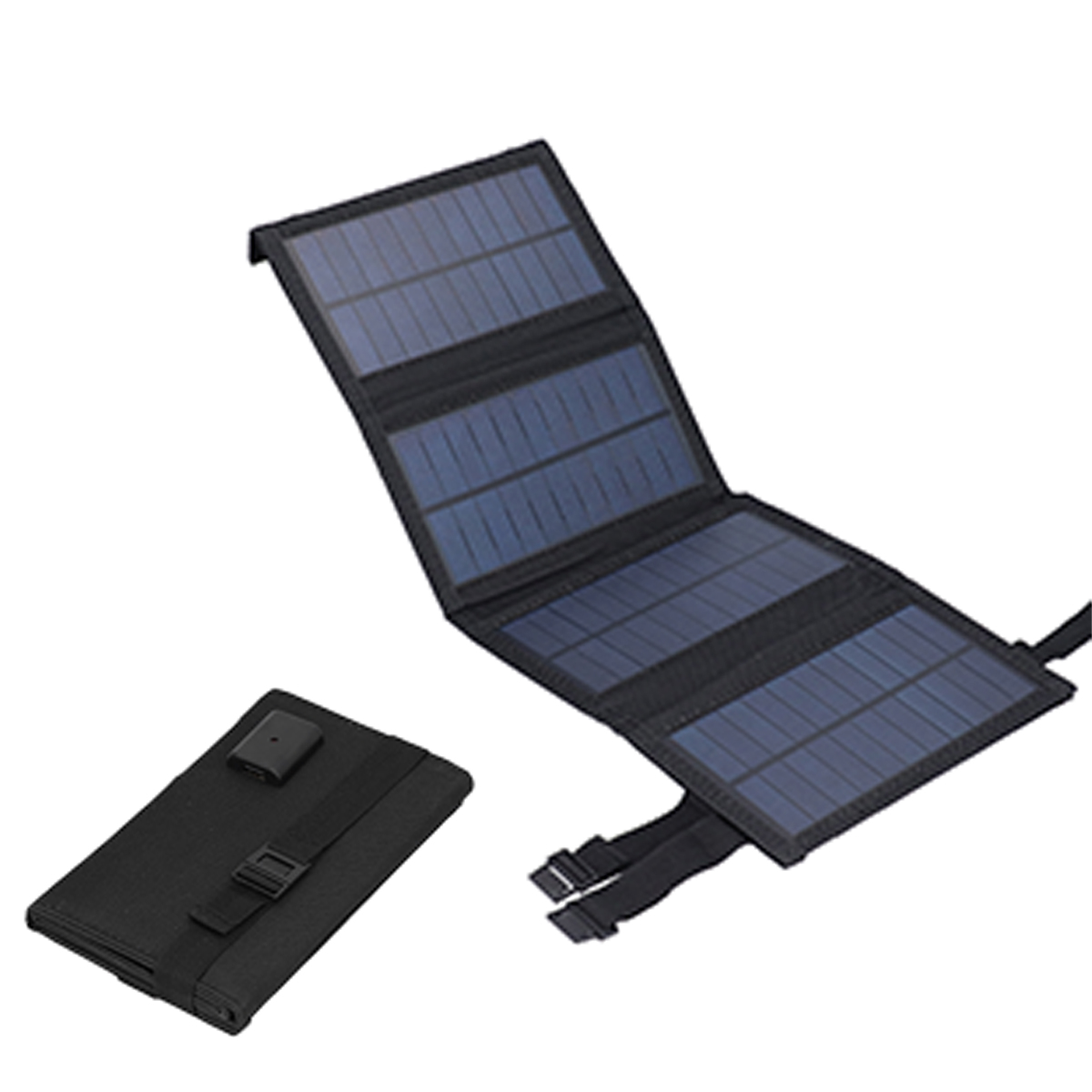 Ein schwarzes Solarpanel, dreifach gefaltet, daneben ein geschlossenes Panel, zeigt Solarzellen.